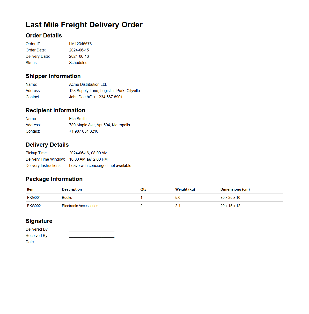 Last Mile Freight Delivery Order Example