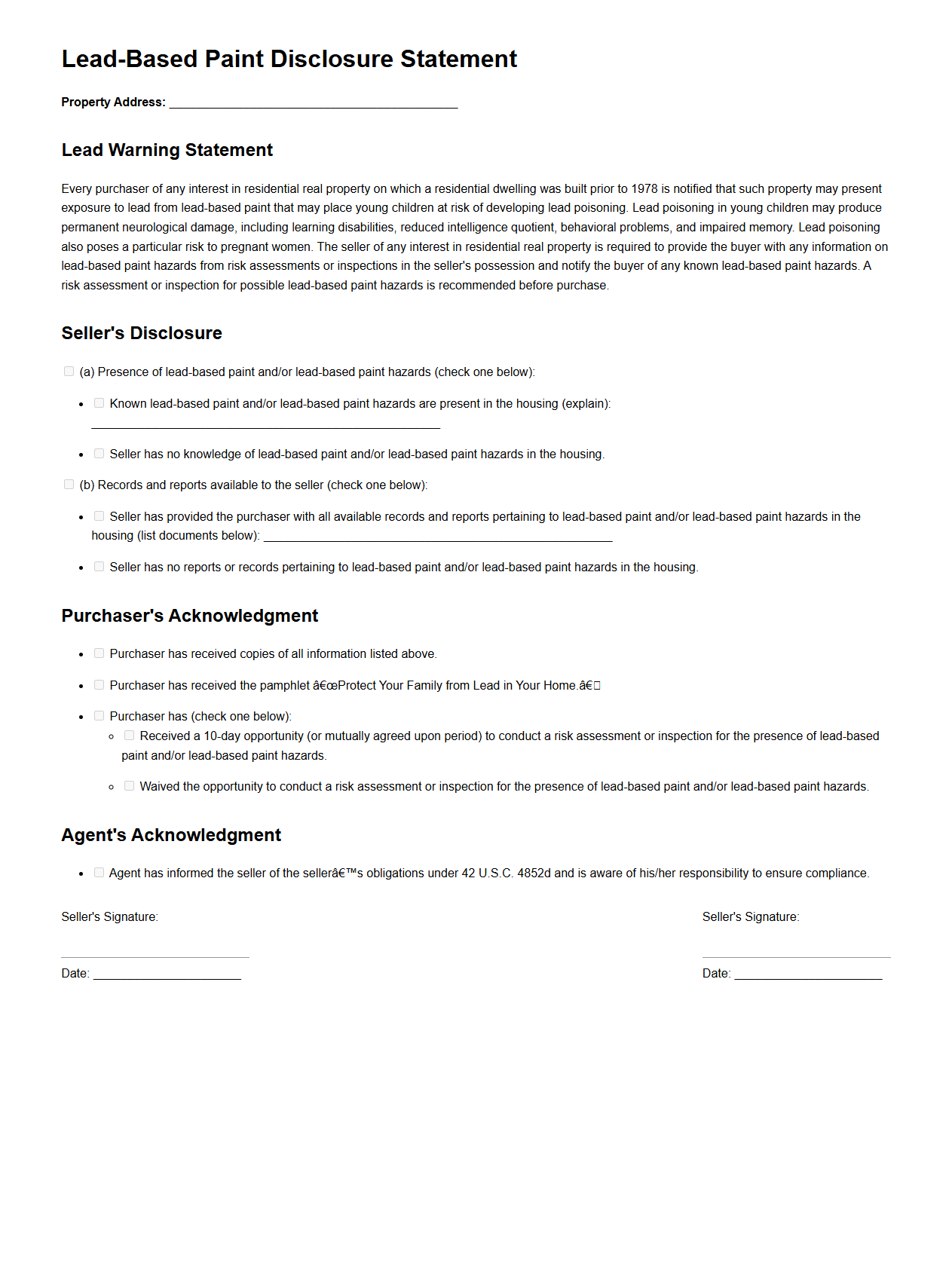 Lead-Based Paint Disclosure Statement Example