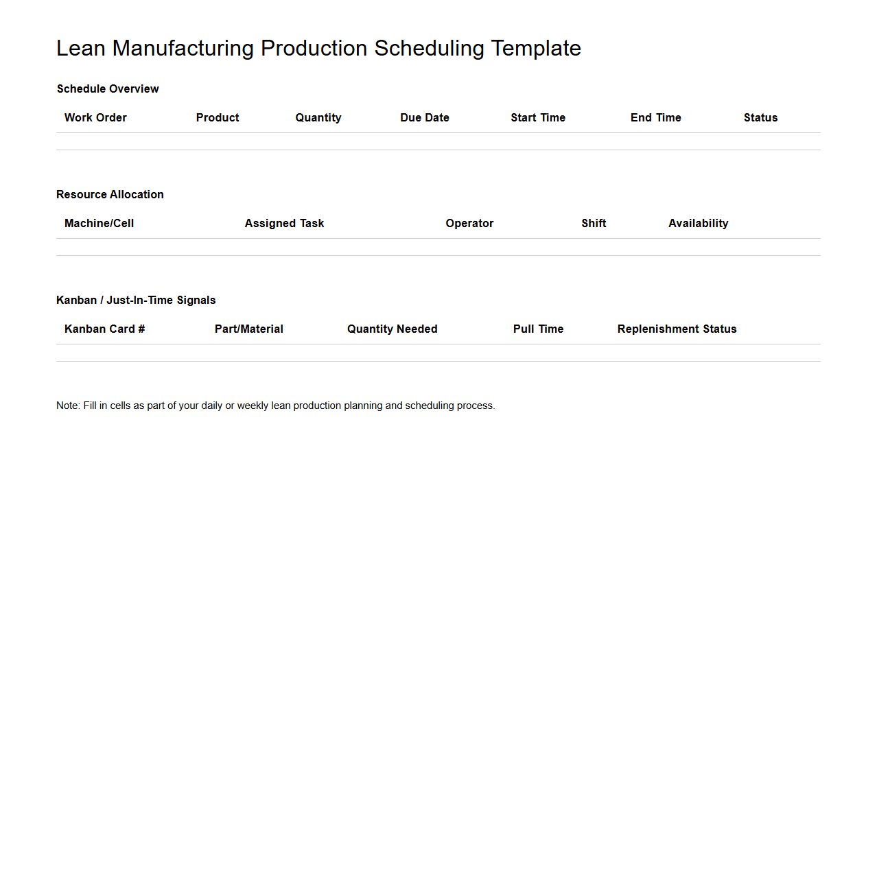 Lean Manufacturing Production Scheduling Template