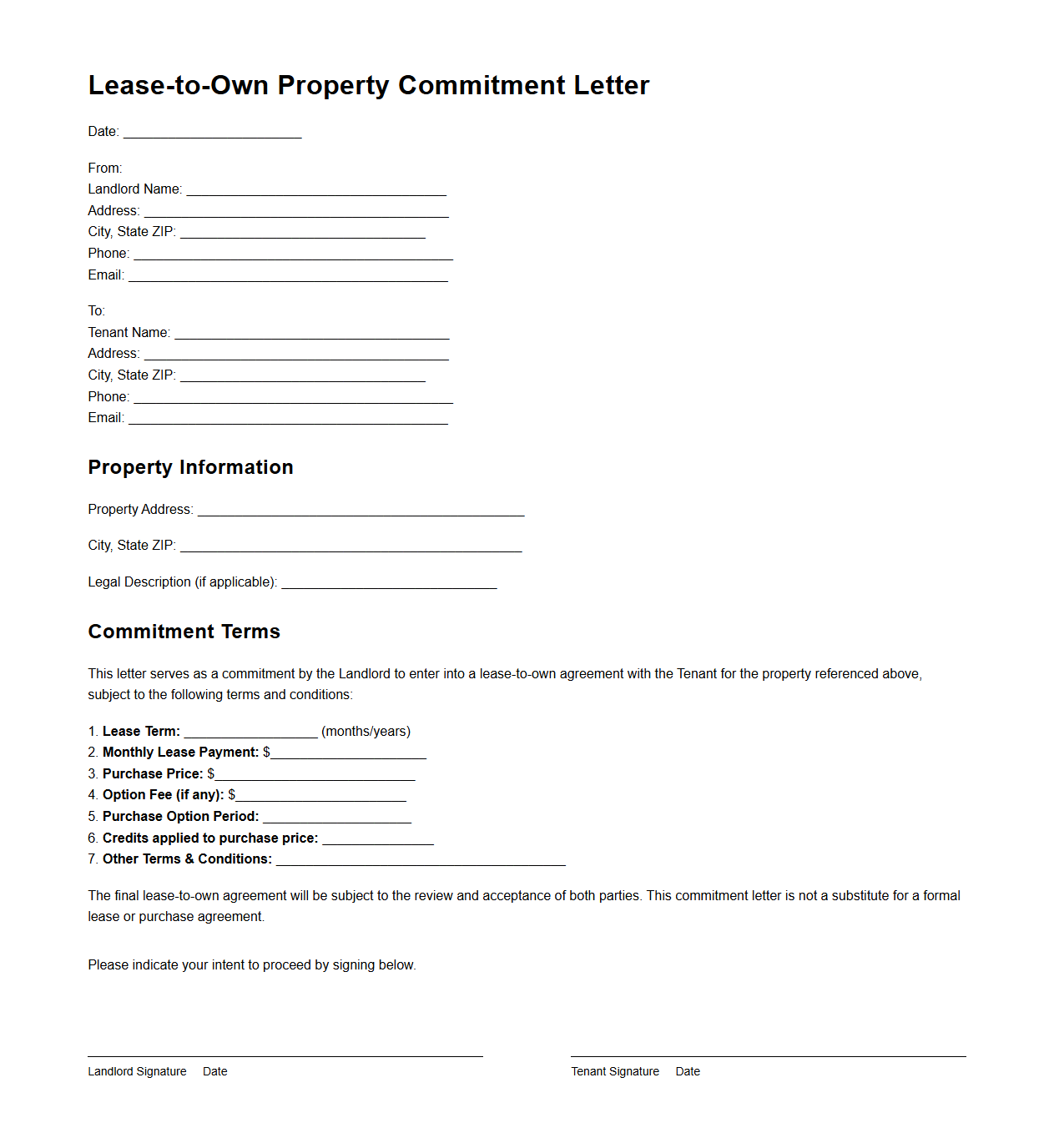 Lease-to-Own Property Commitment Letter Template
