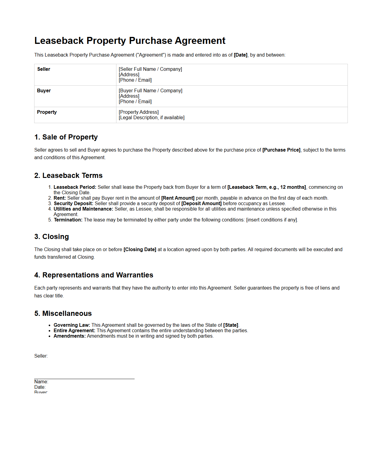 Leaseback Property Purchase Agreement Sample