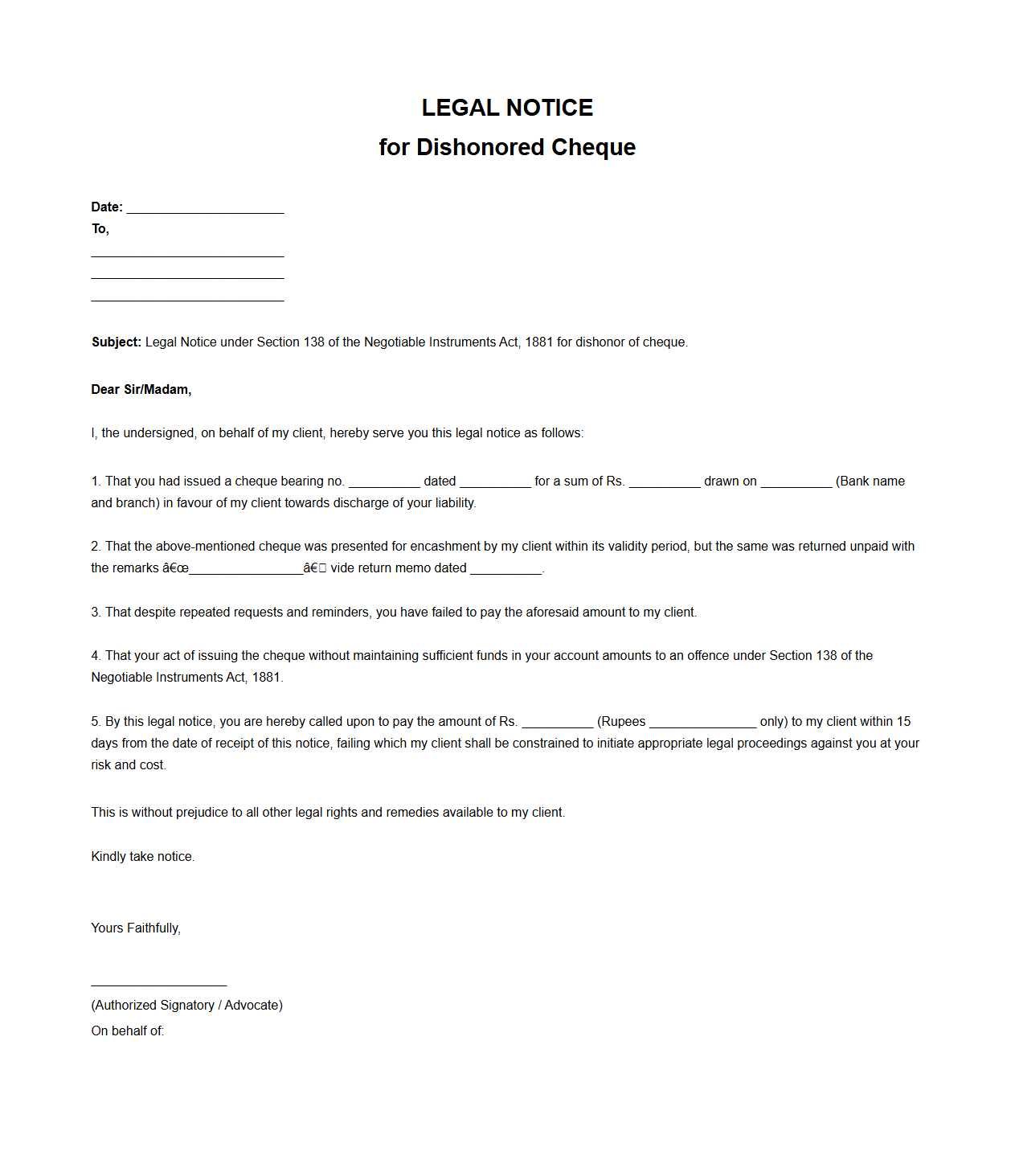 Legal Notice Template for Dishonored Cheque
