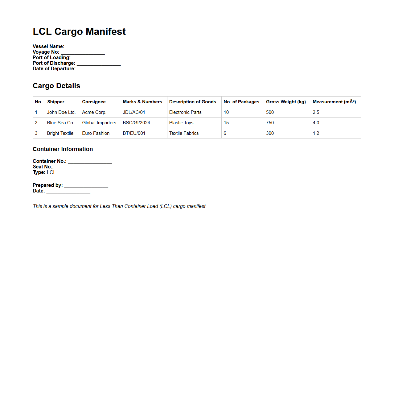 Less Than Container Load (LCL) Cargo Manifest Sample