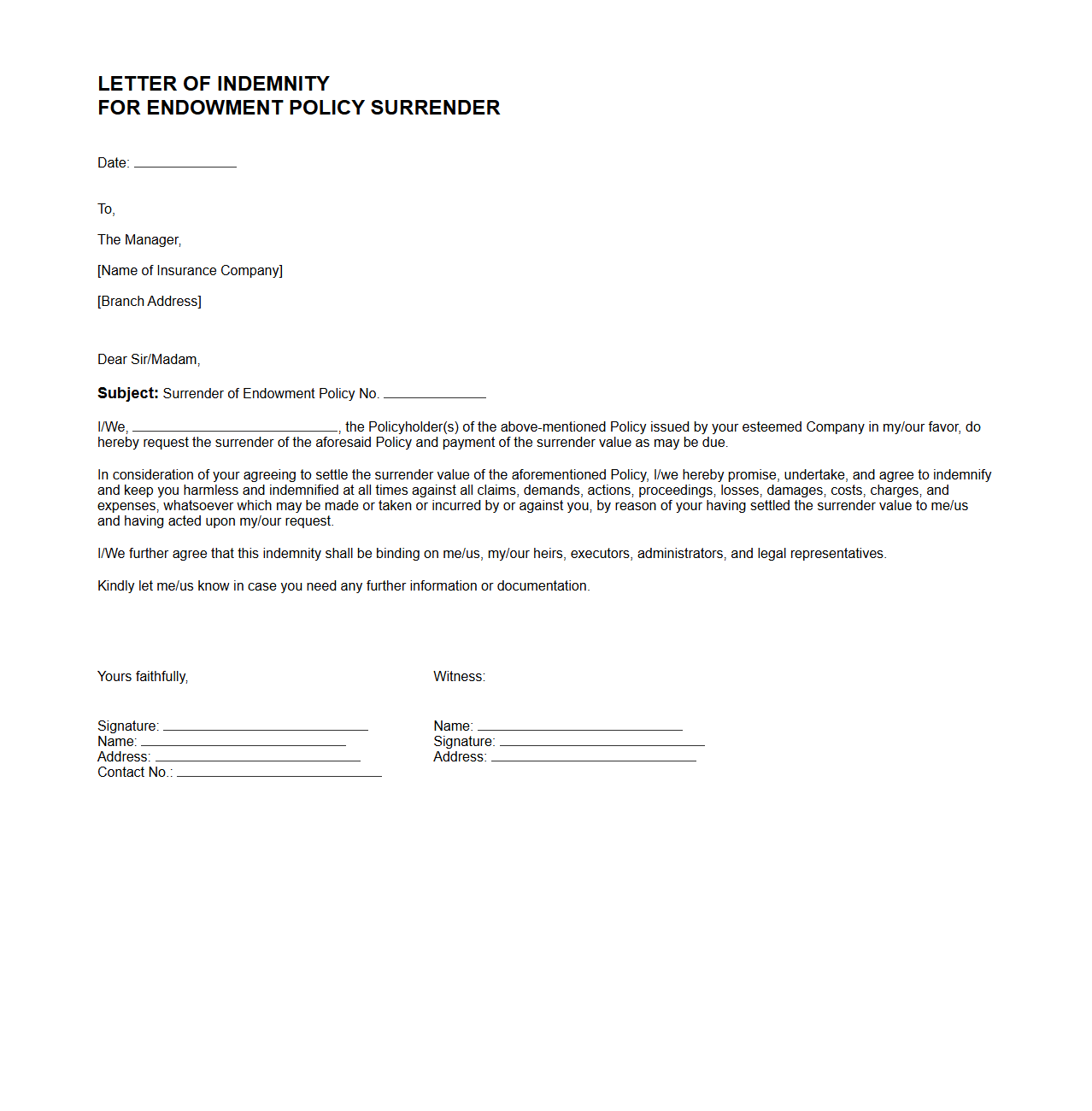 Letter of Indemnity Template for Endowment Policy Surrender