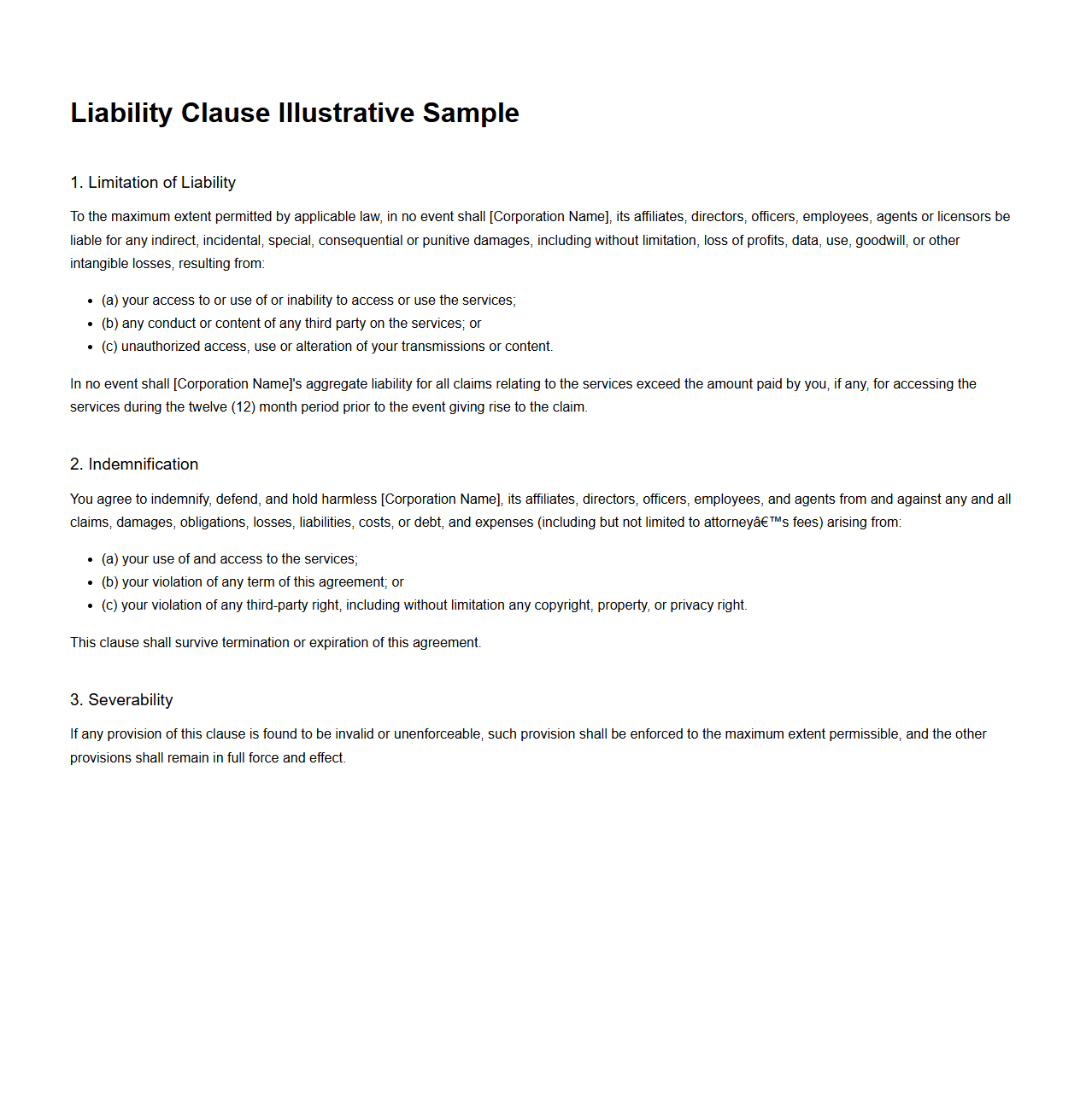 Liability Clause Illustrative Sample for Corporations