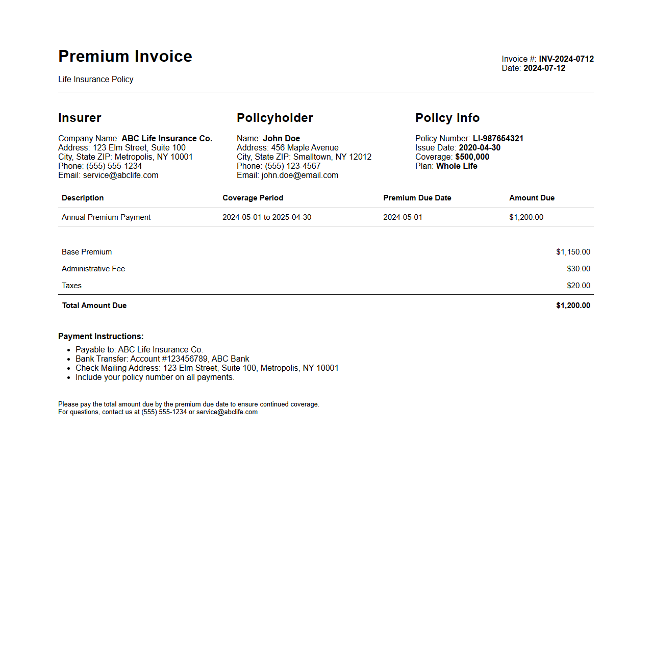 Life Insurance Policy Premium Invoice Sample