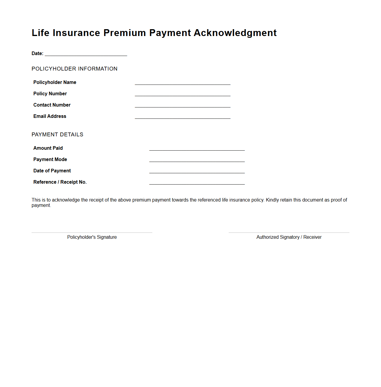 Life Insurance Premium Payment Acknowledgment Template