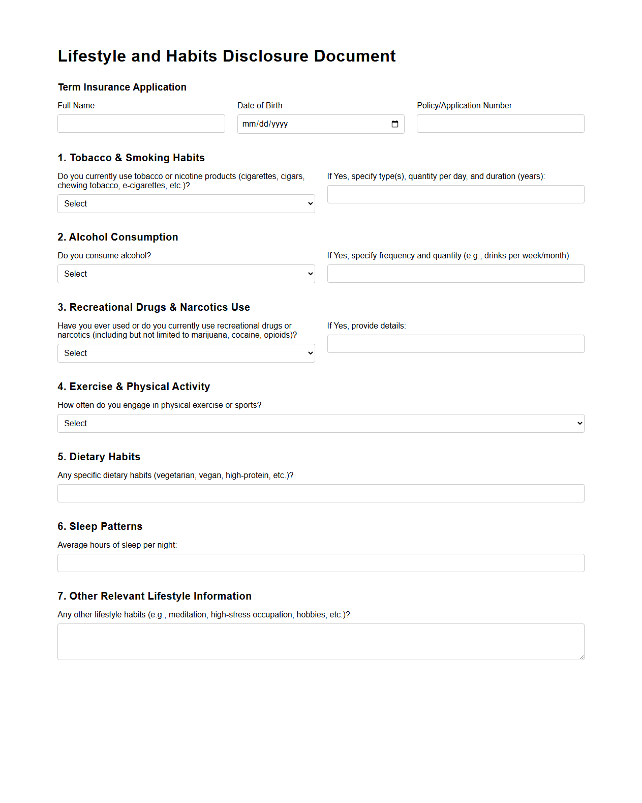 Lifestyle and Habits Disclosure Document for Term Insurance Applicants