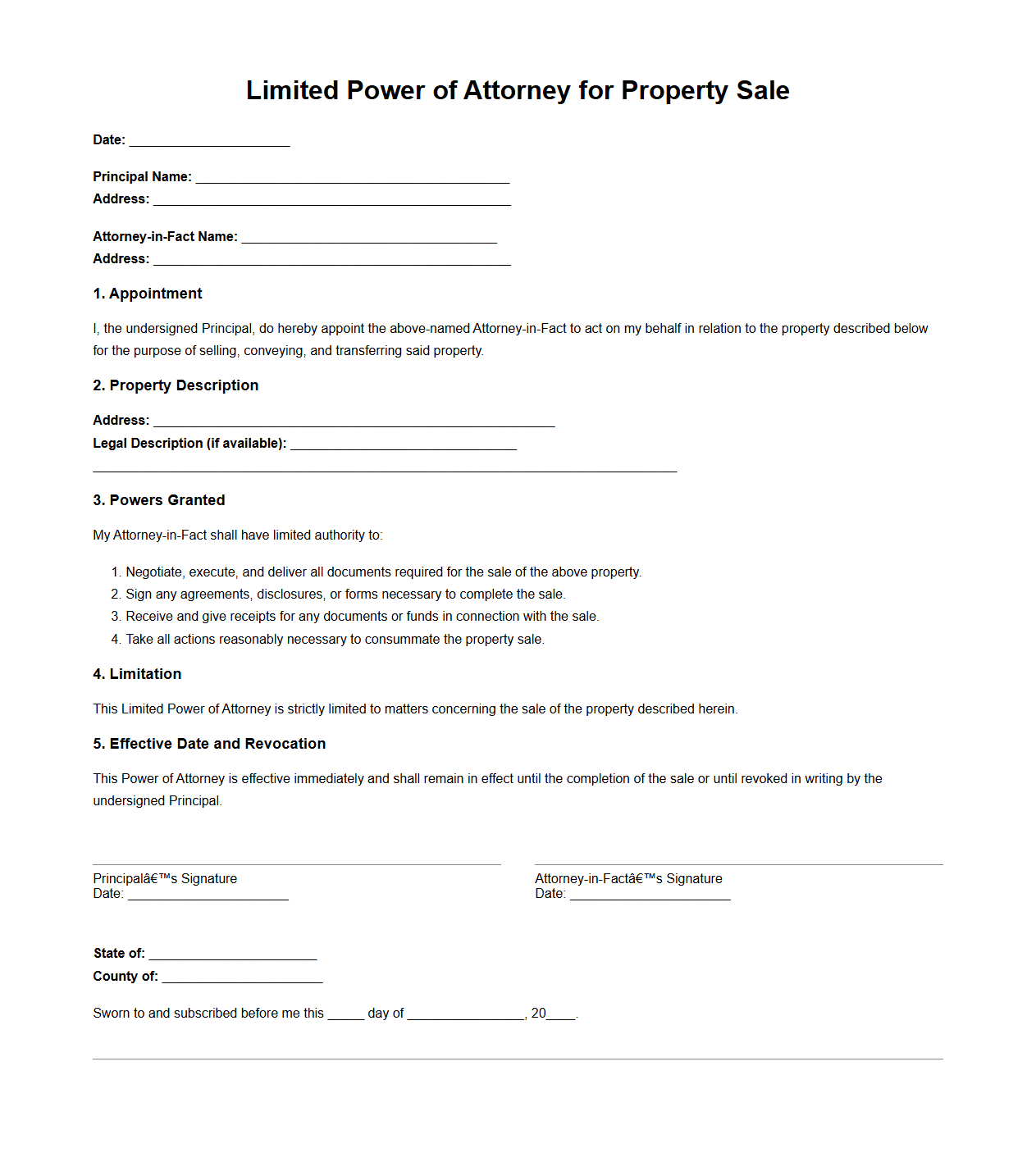 Limited Power of Attorney for Property Sale