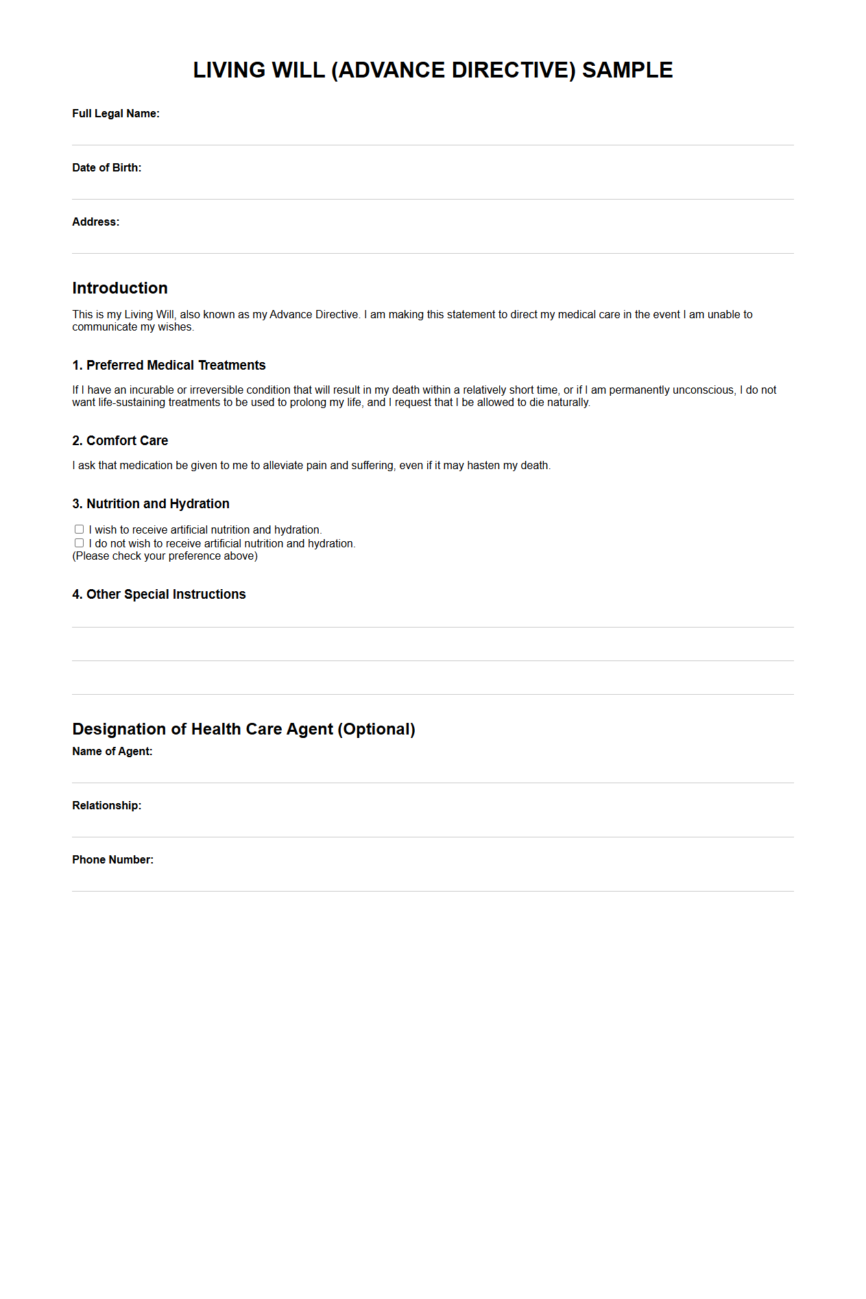 Living Will Advance Directive Sample