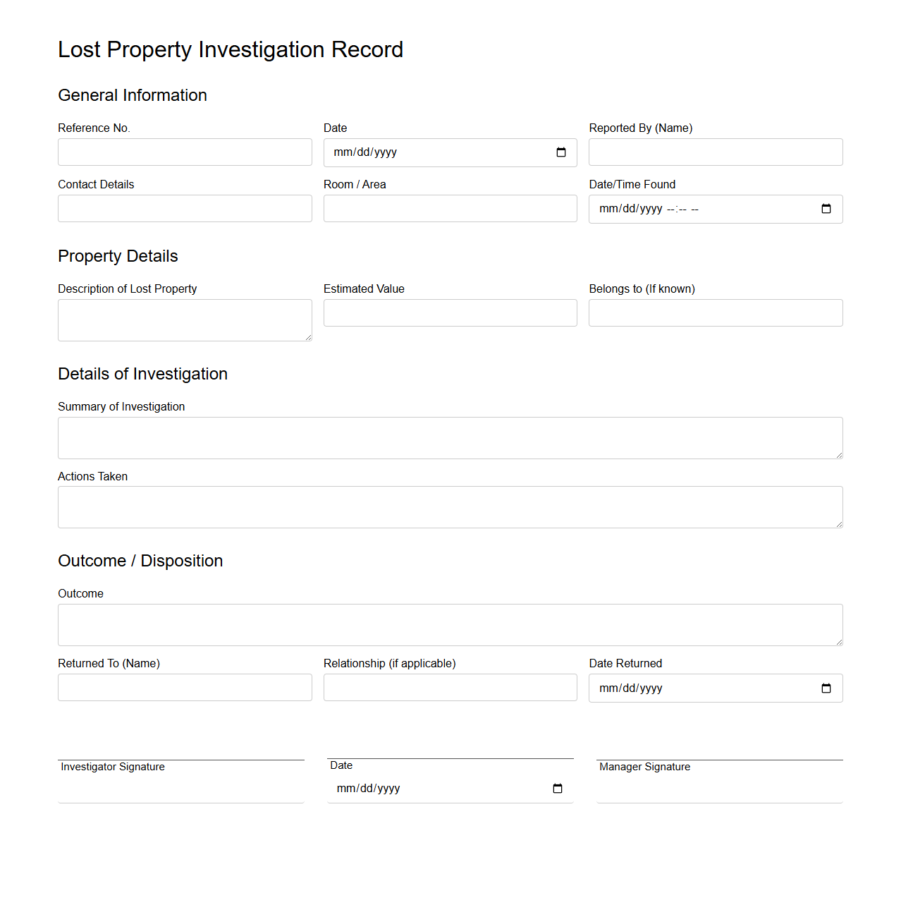 Lost Property Investigation Record for Resorts