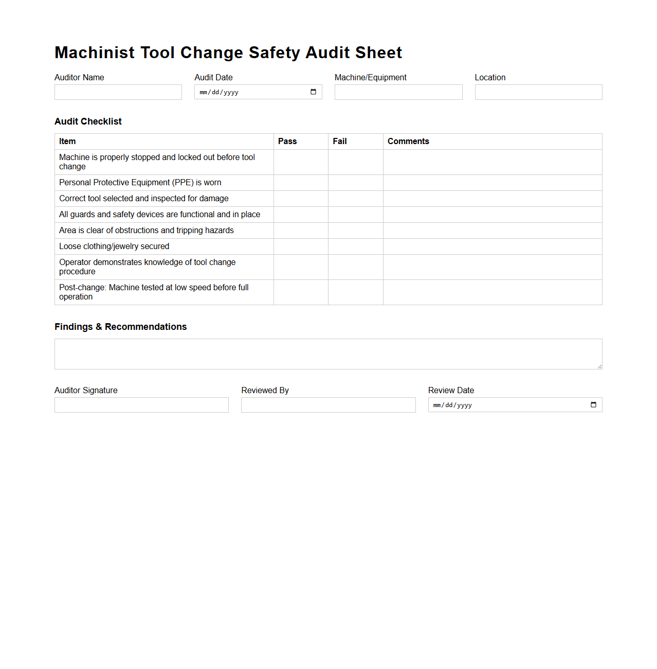 Machinist Tool Change Safety Audit Sheet