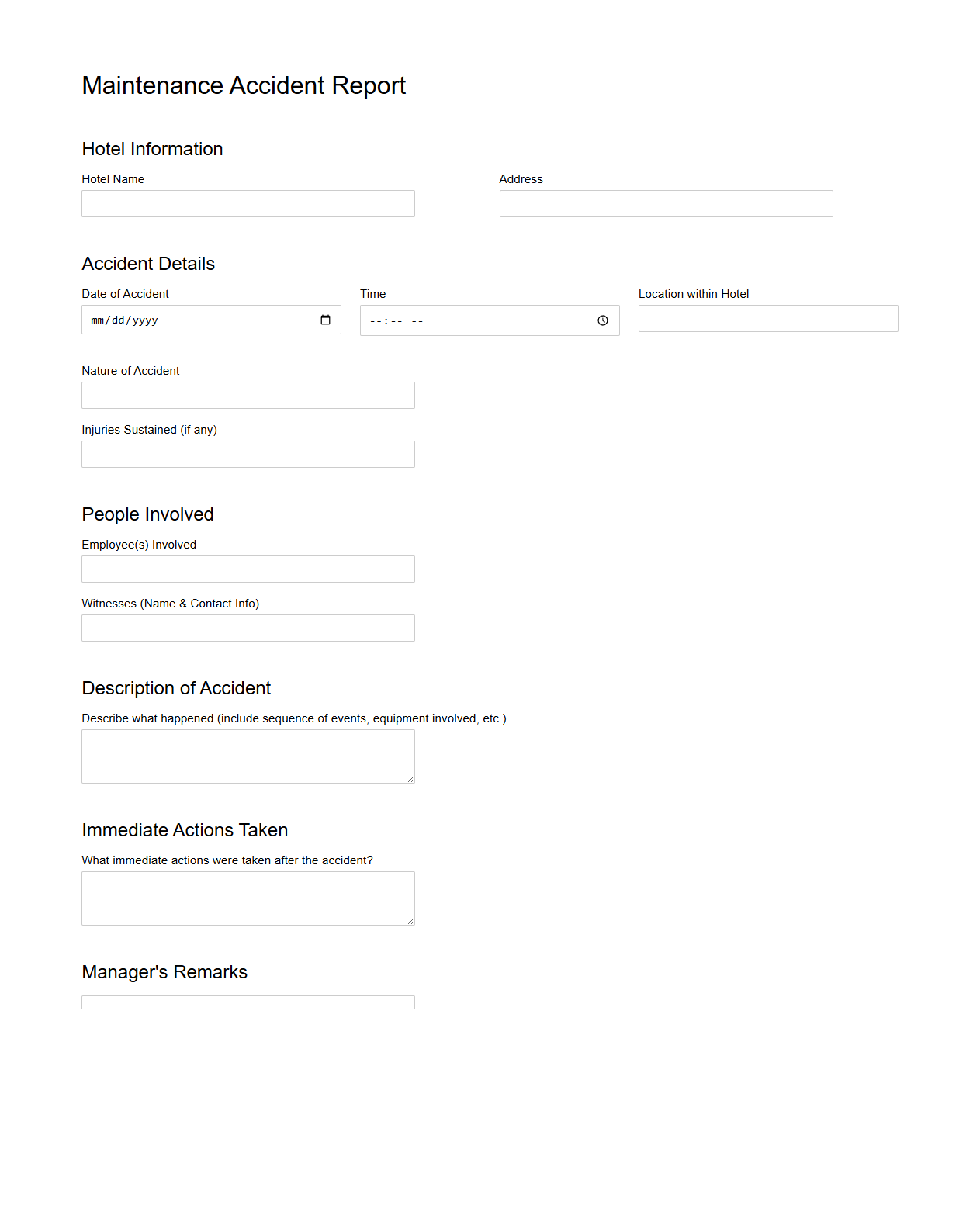 Maintenance Accident Report Sample for Hotels