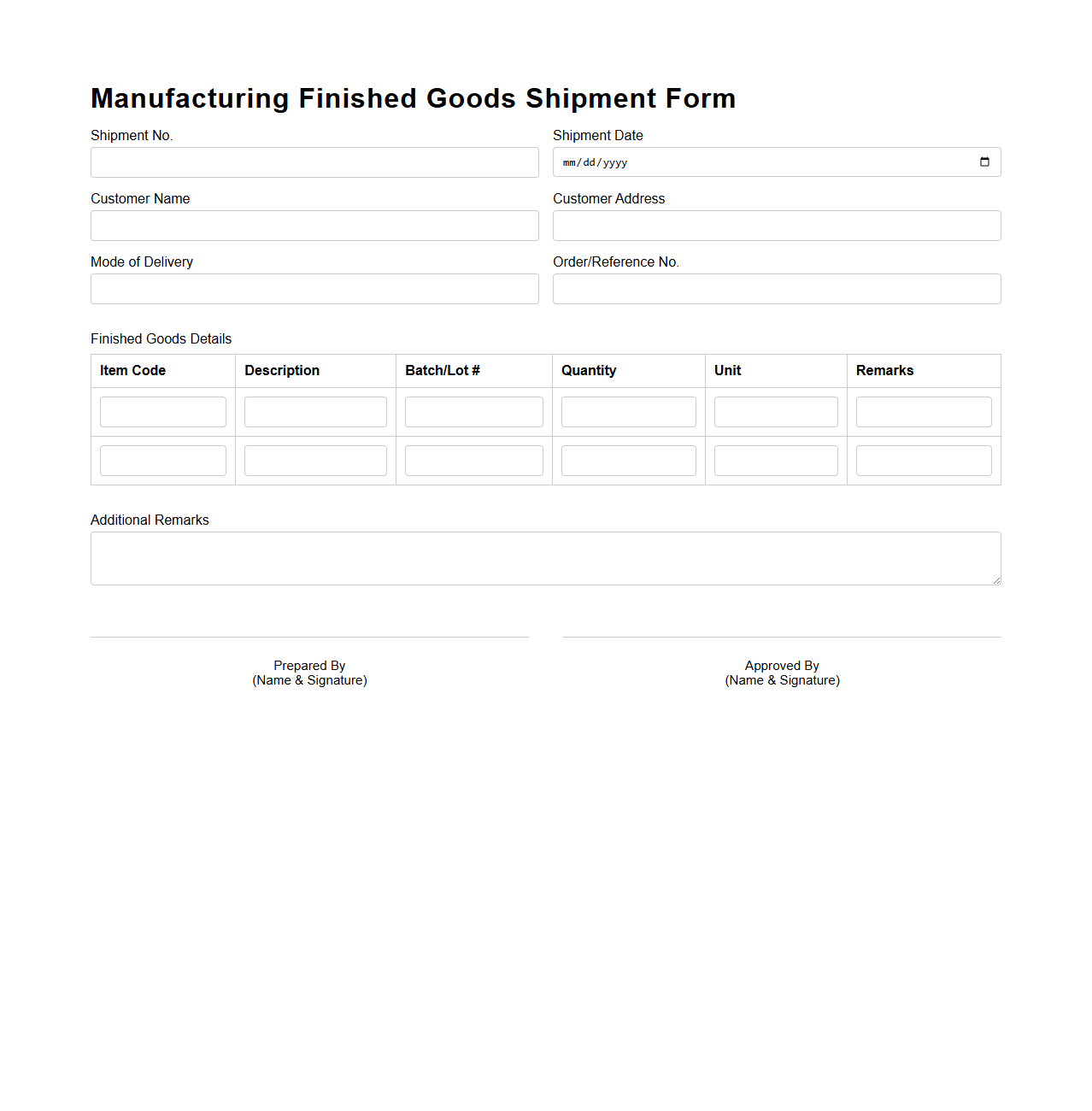Manufacturing Finished Goods Shipment Form Sample
