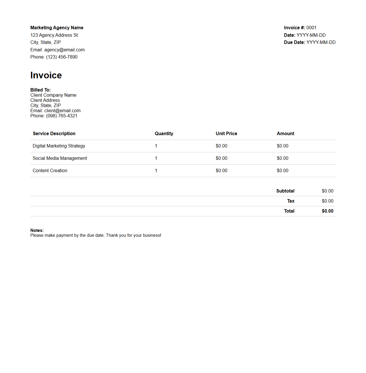 Marketing Agency Services Invoice