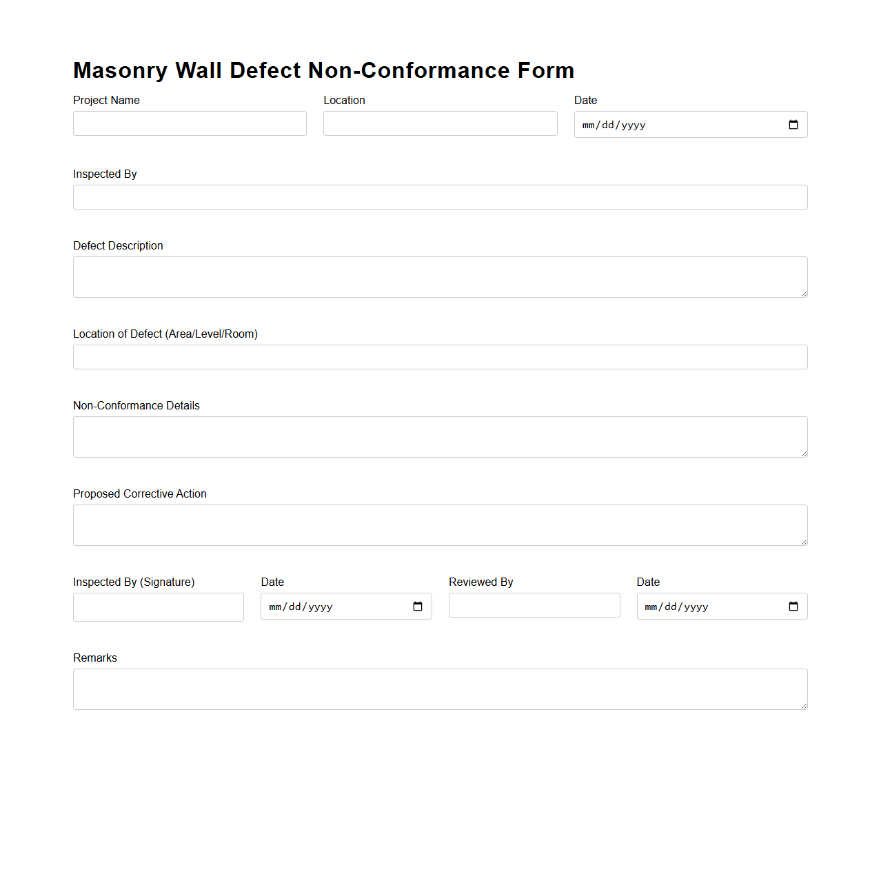 Masonry Wall Defect Non-Conformance Form