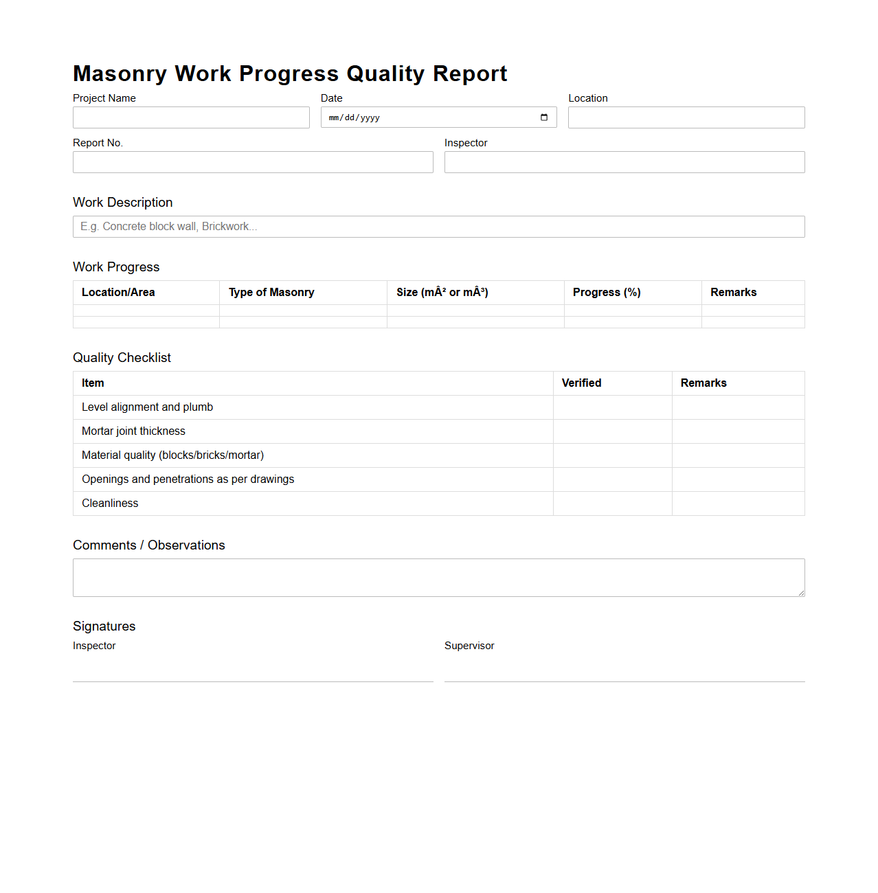 Masonry Work Progress Quality Report Example