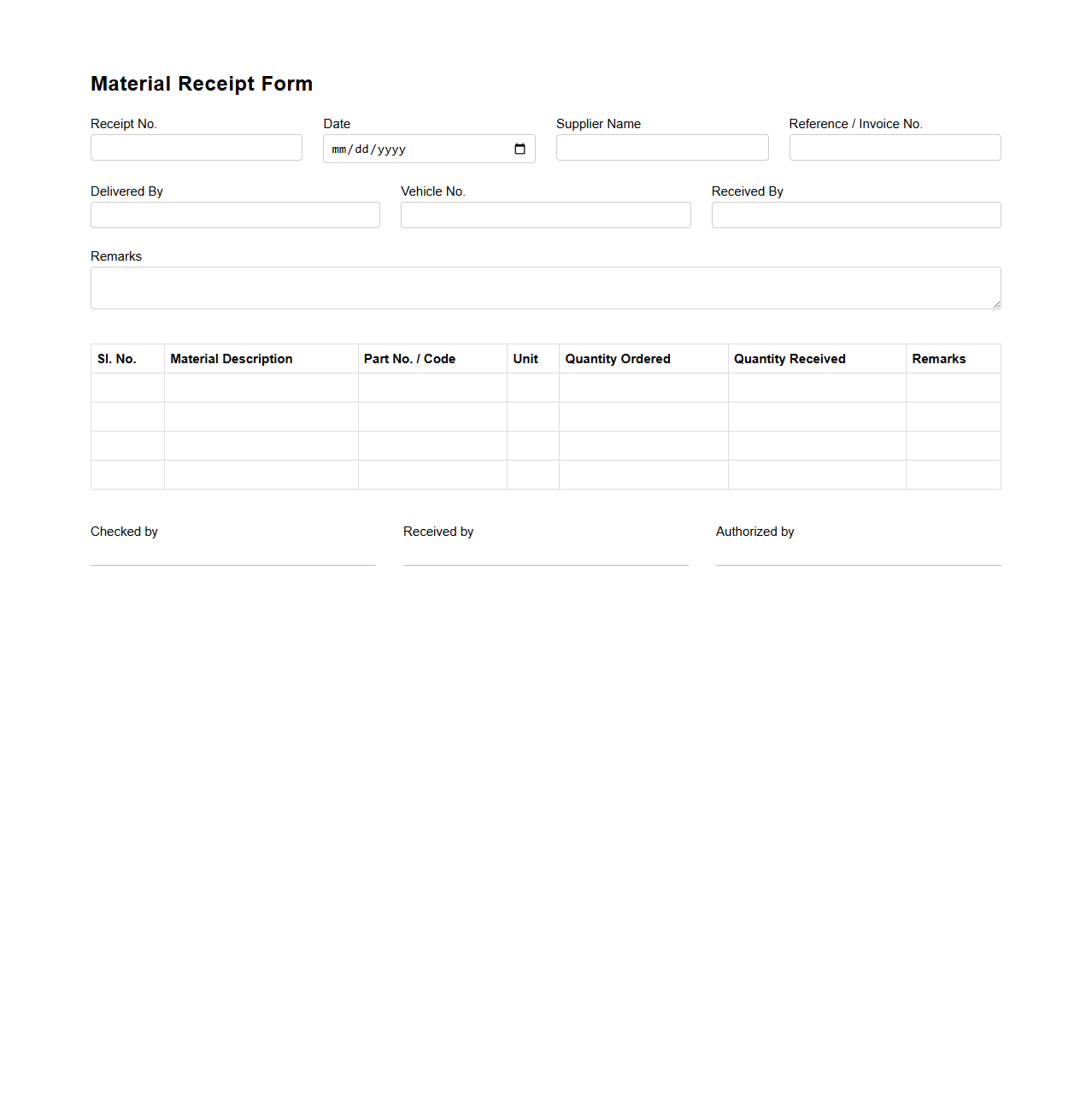Material Receipt Form Template for Warehouse Inventory