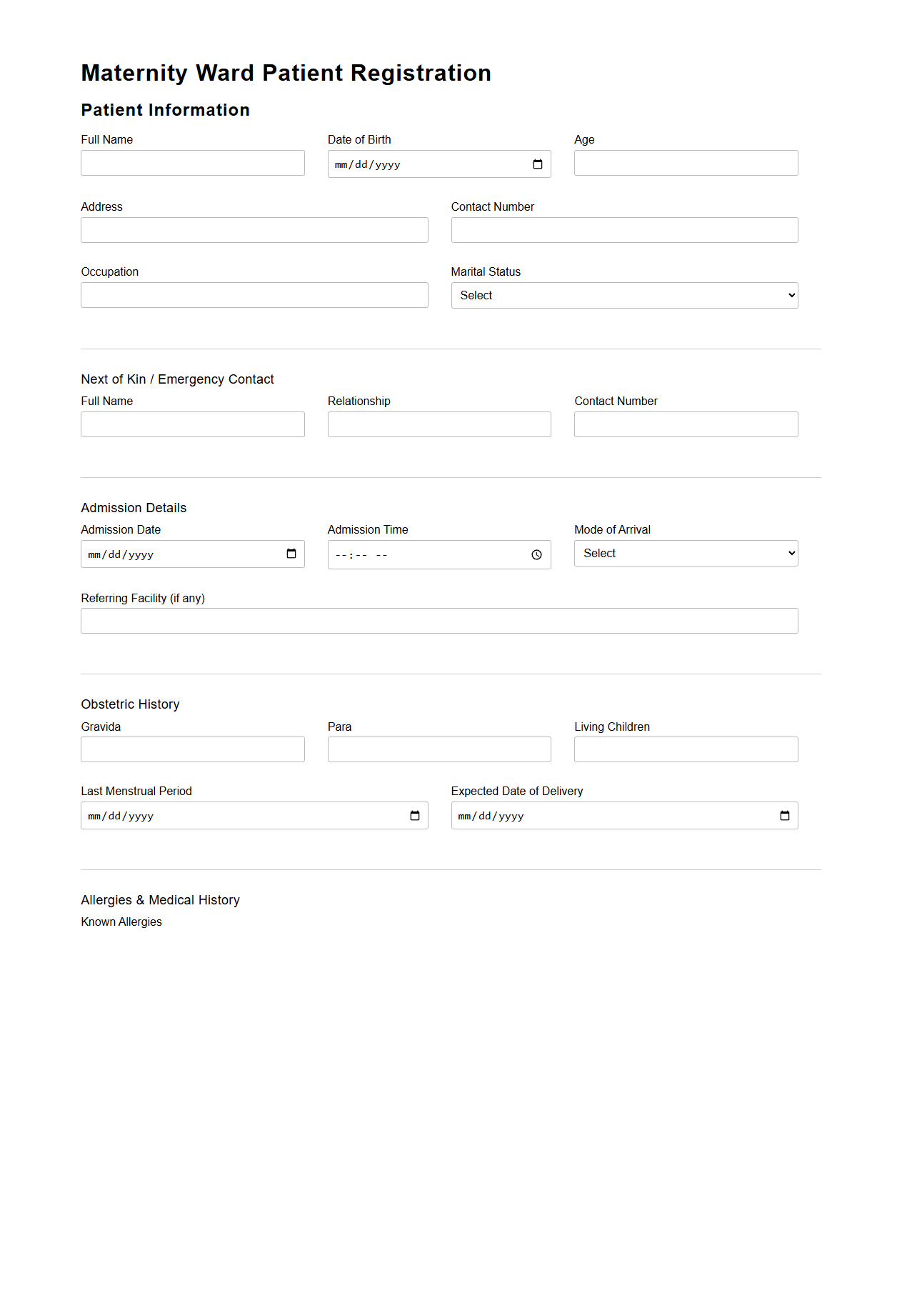 Maternity Ward Patient Registration Document Sample