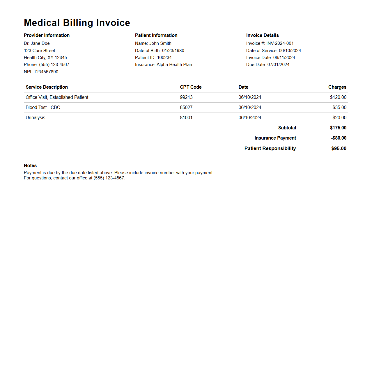 Medical Billing Invoice Example