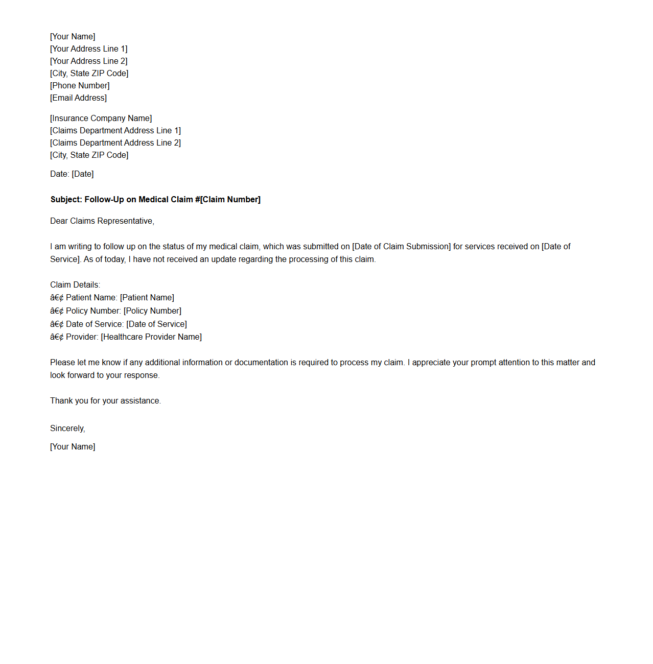 Medical Claims Follow-Up Letter Sample