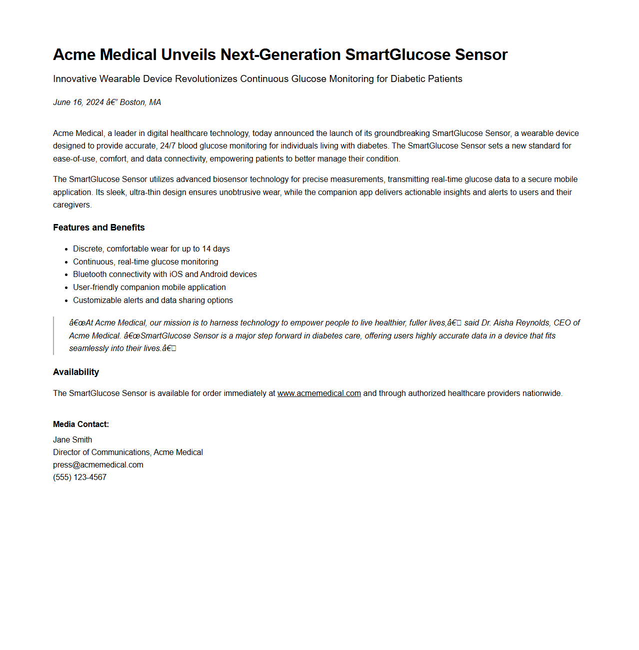 Medical Device Launch Press Release Example