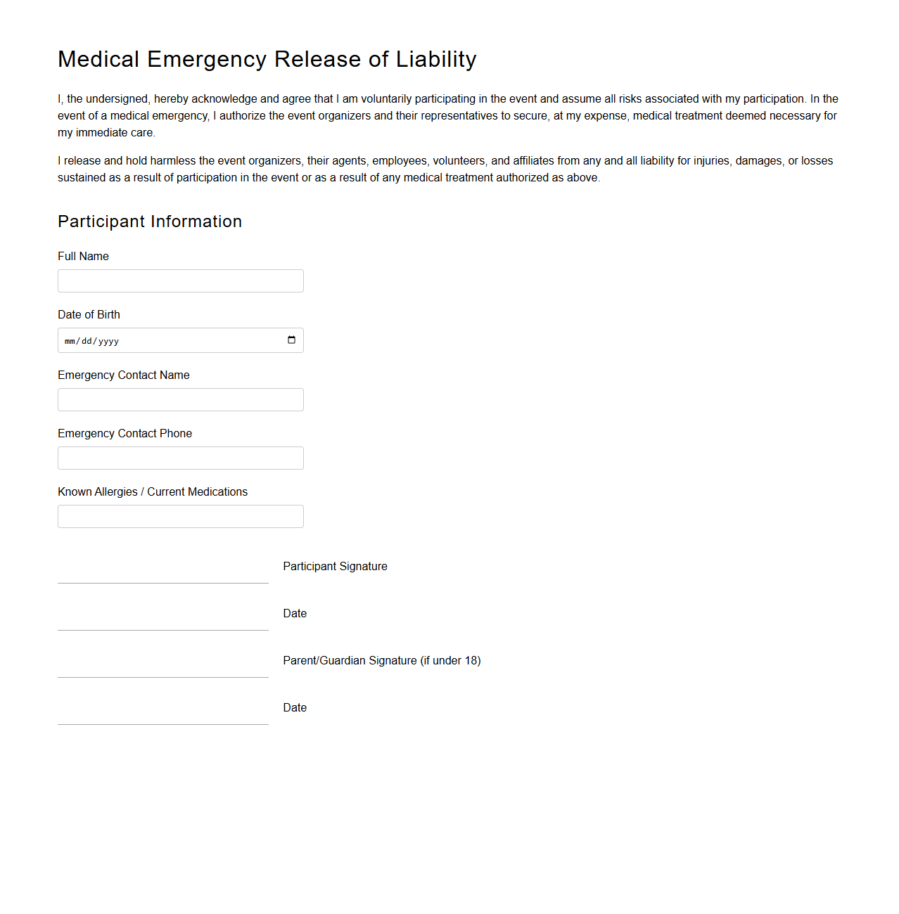 Medical Emergency Release of Liability for Event Attendees