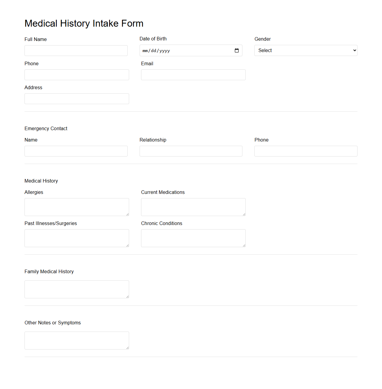 Medical History Intake Form Template