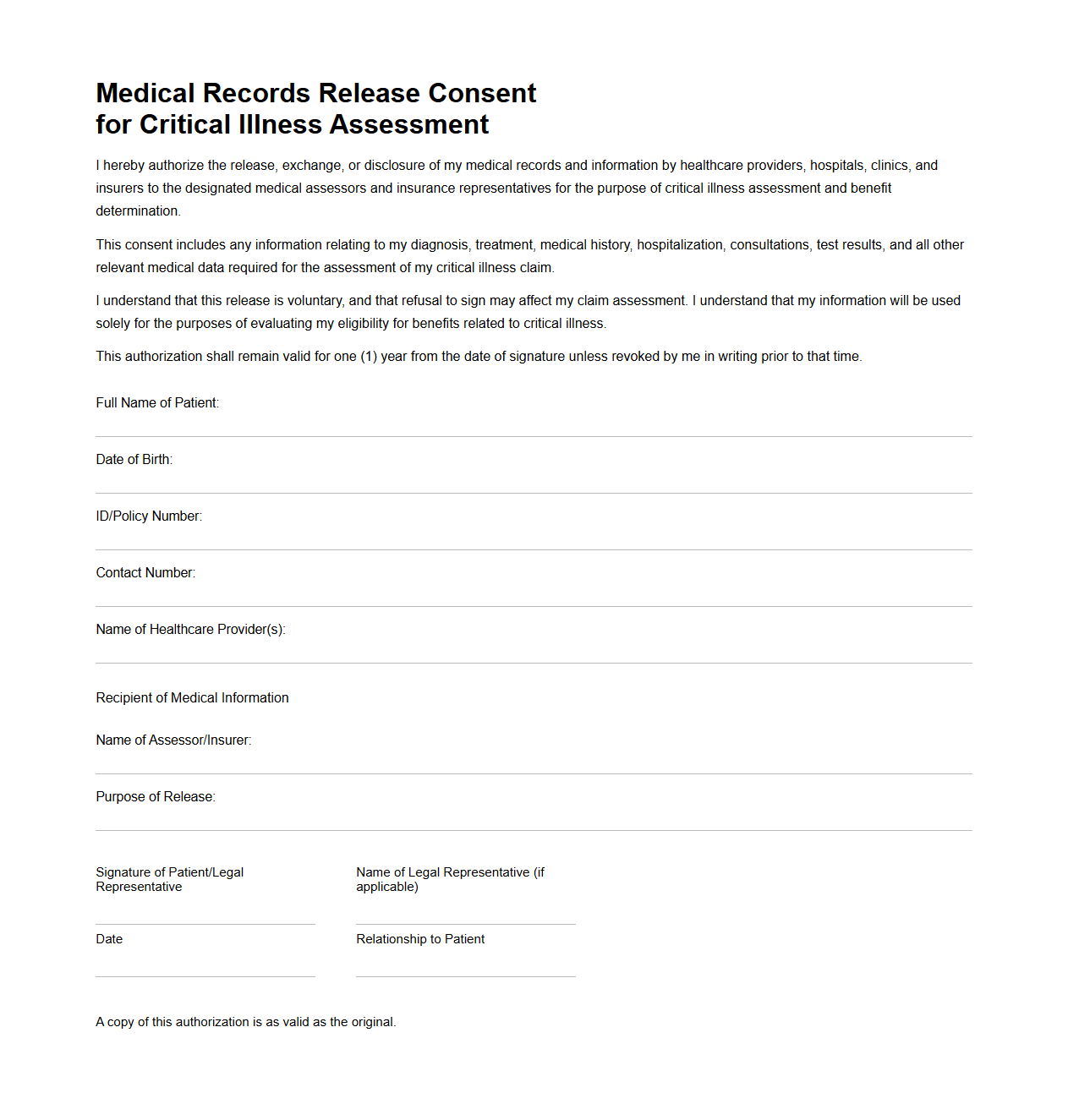 Medical Records Release Consent for Critical Illness Assessment