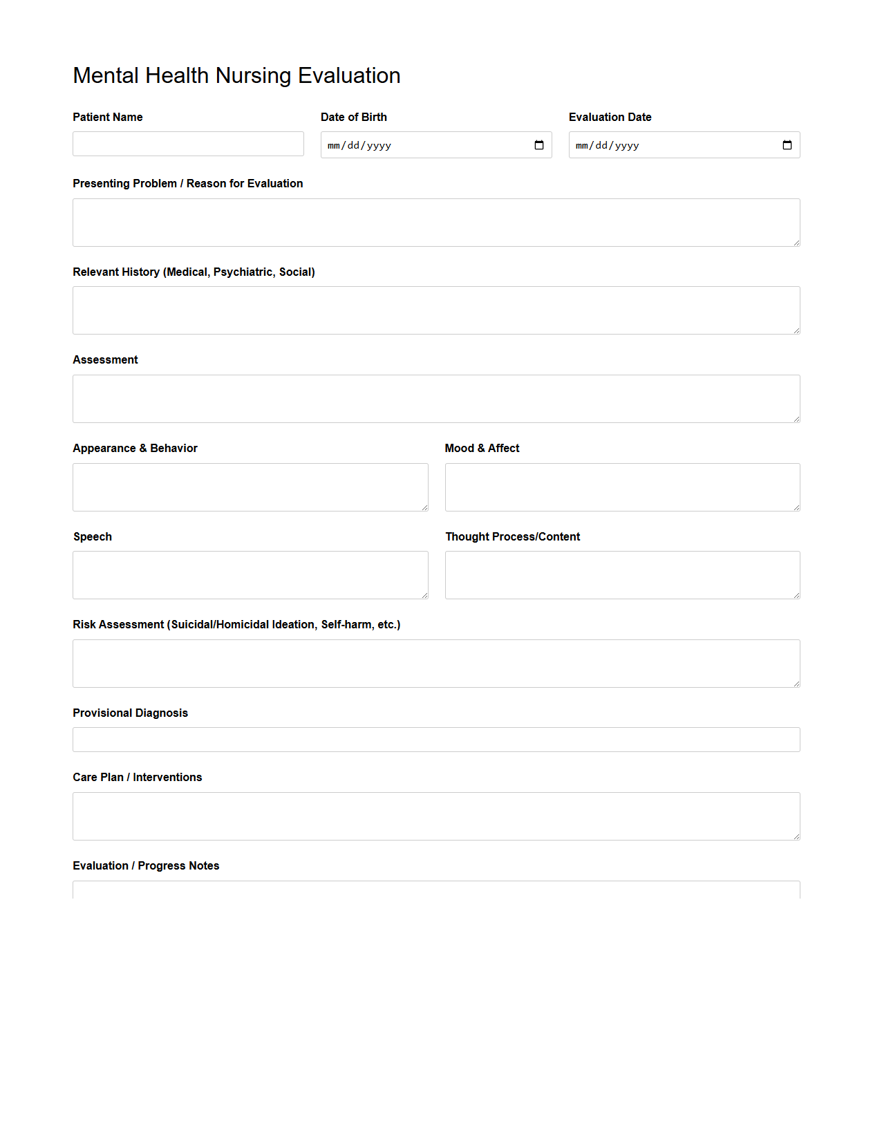 Mental Health Nursing Evaluation Template