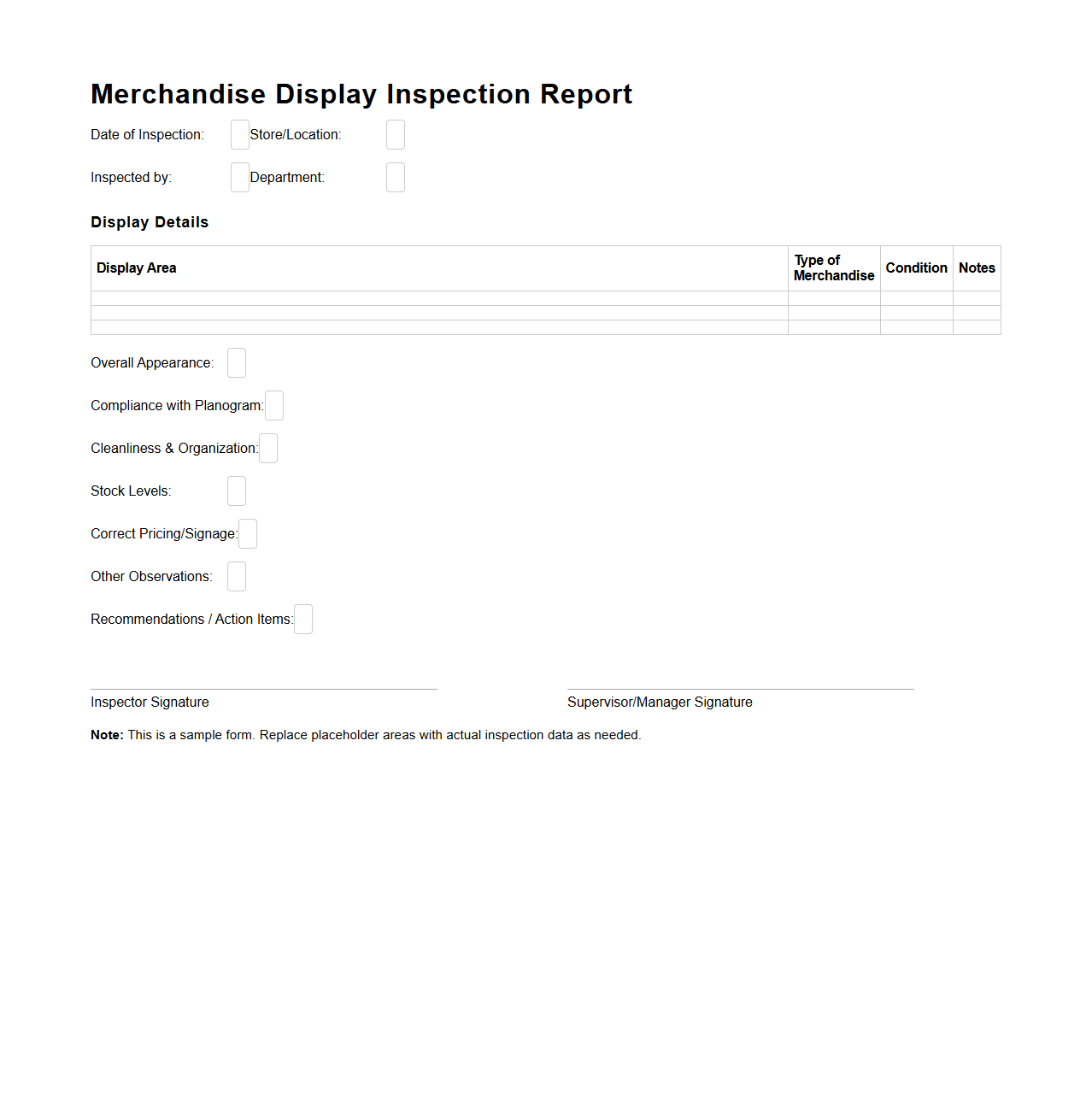 Merchandise Display Inspection Report Example