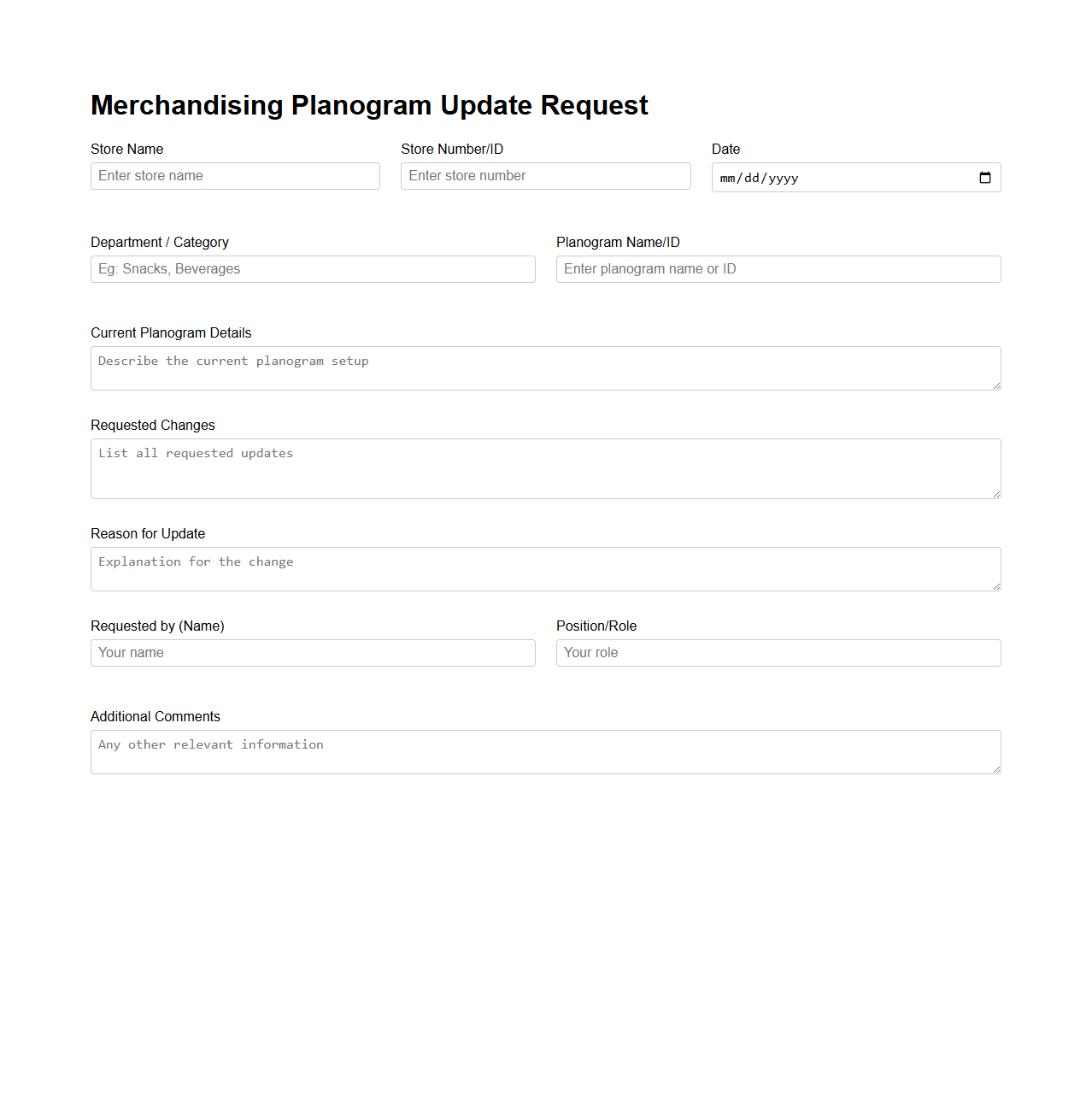 Merchandising Planogram Update Request Sample