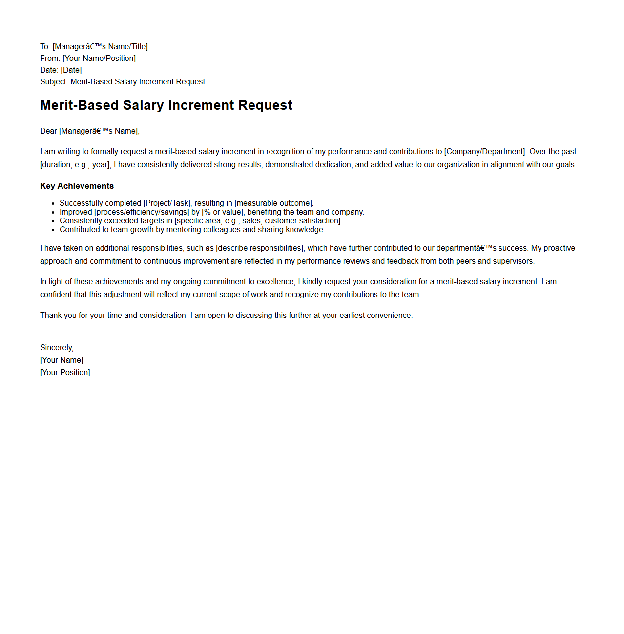 Merit-Based Salary Increment Request Sample