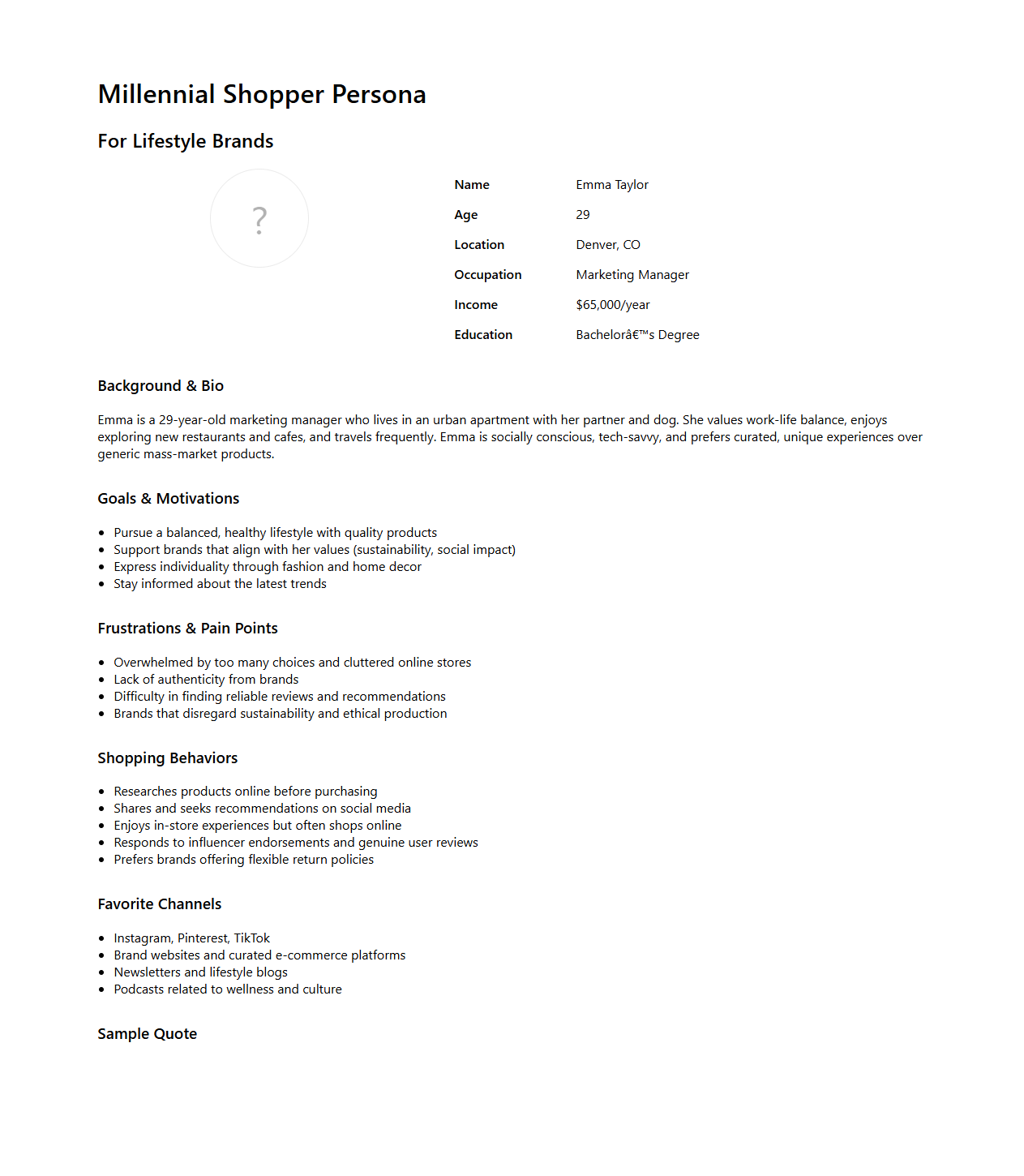 Millennial Shopper Persona Document Sample for Lifestyle Brands