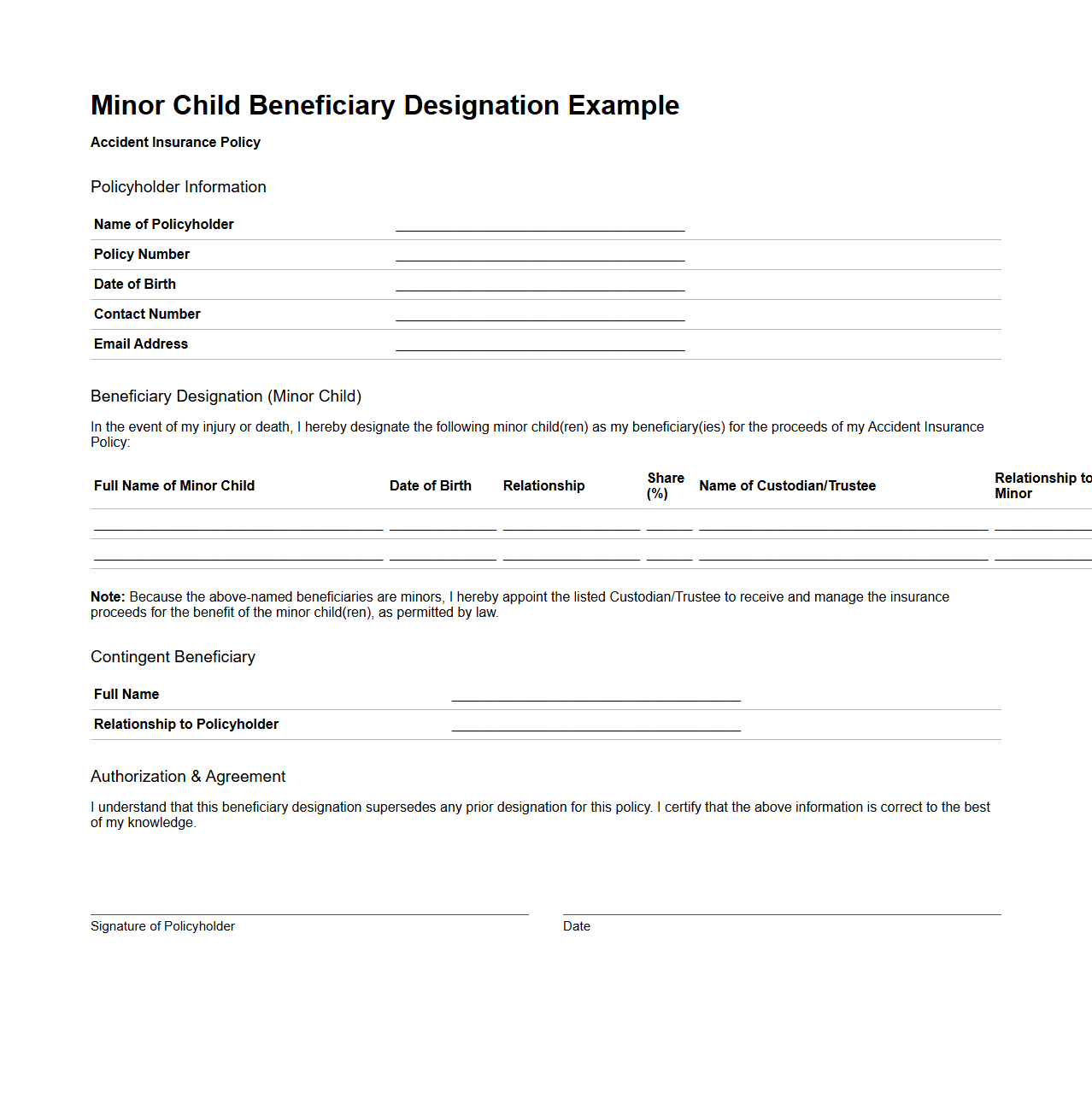 Minor Child Beneficiary Designation Example for Accident Insurance