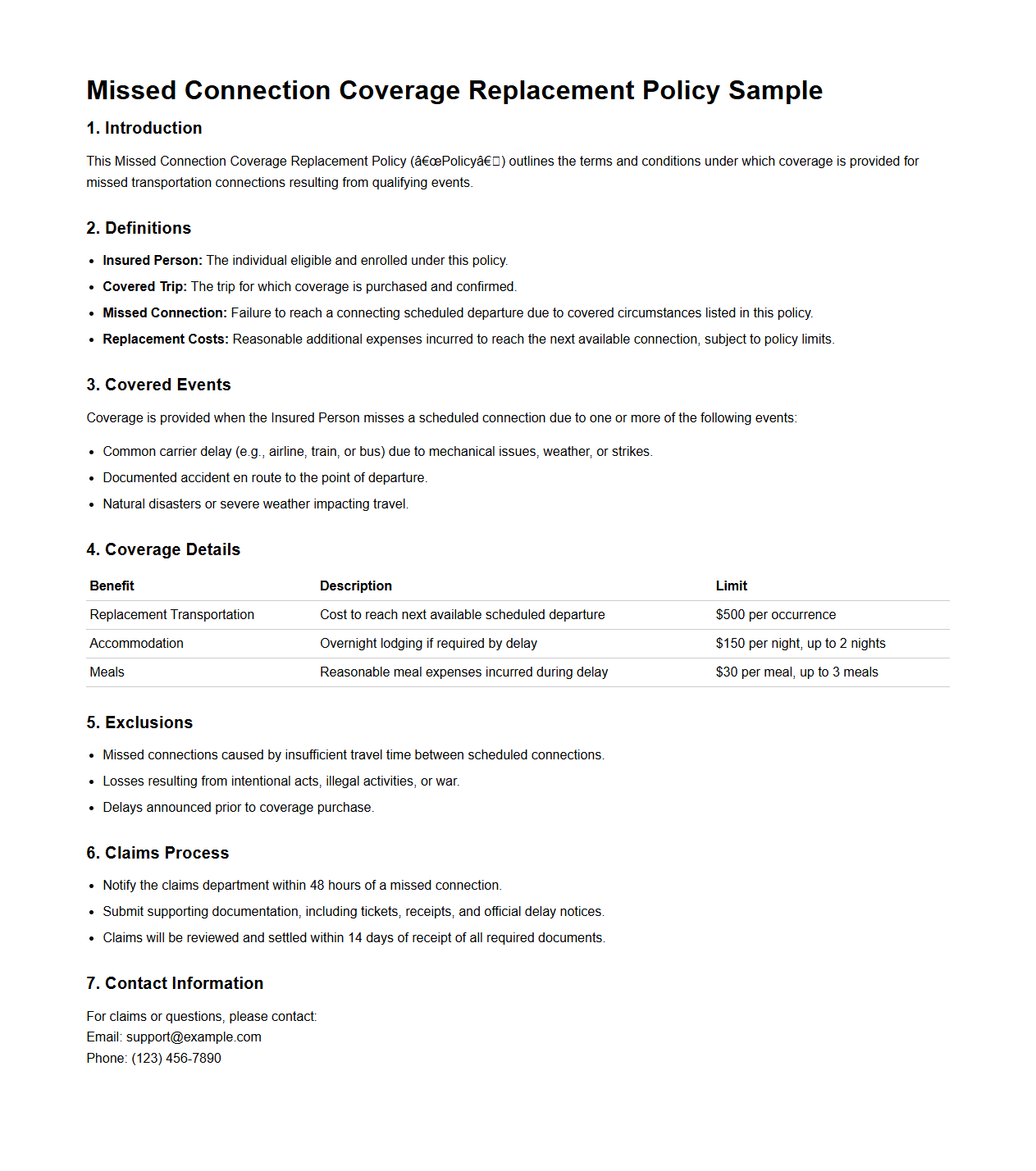 Missed Connection Coverage Replacement Policy Sample