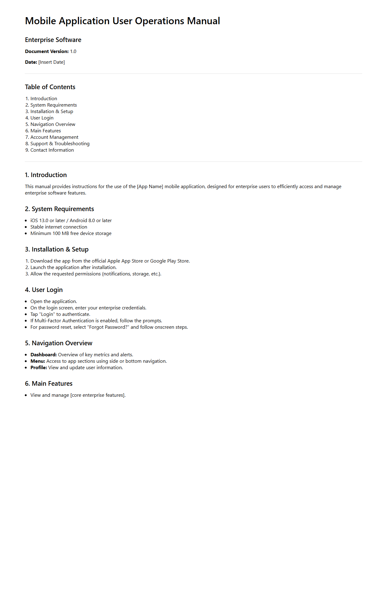 Mobile Application User Operations Manual for Enterprise Software