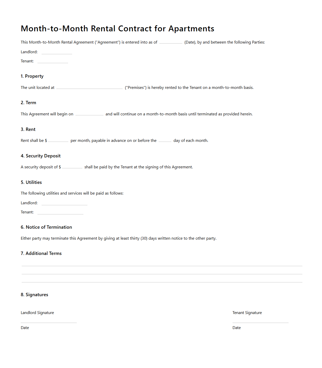 Month-to-Month Rental Contract for Apartments