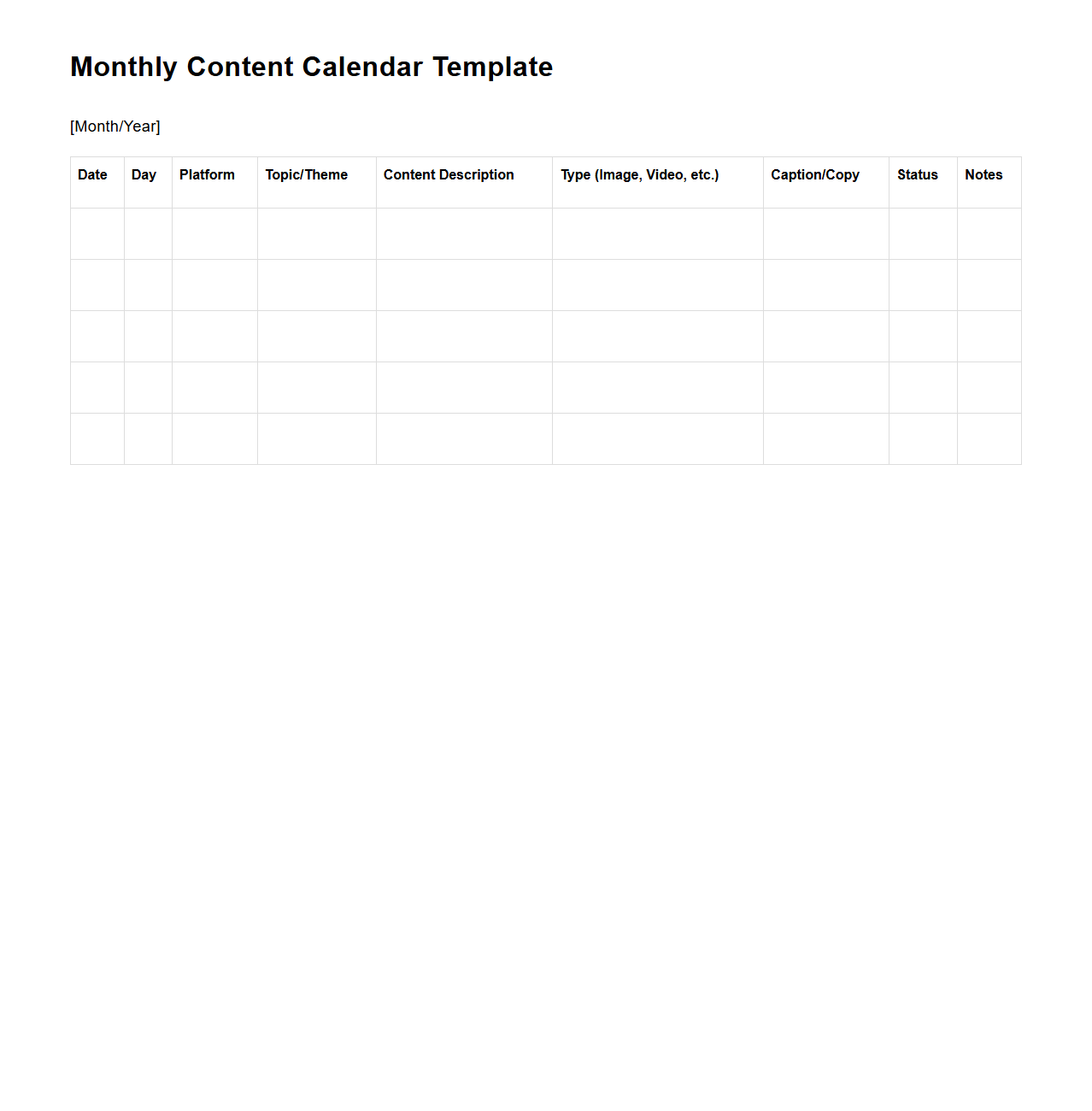 Monthly Content Calendar Template for Social Media Campaigns