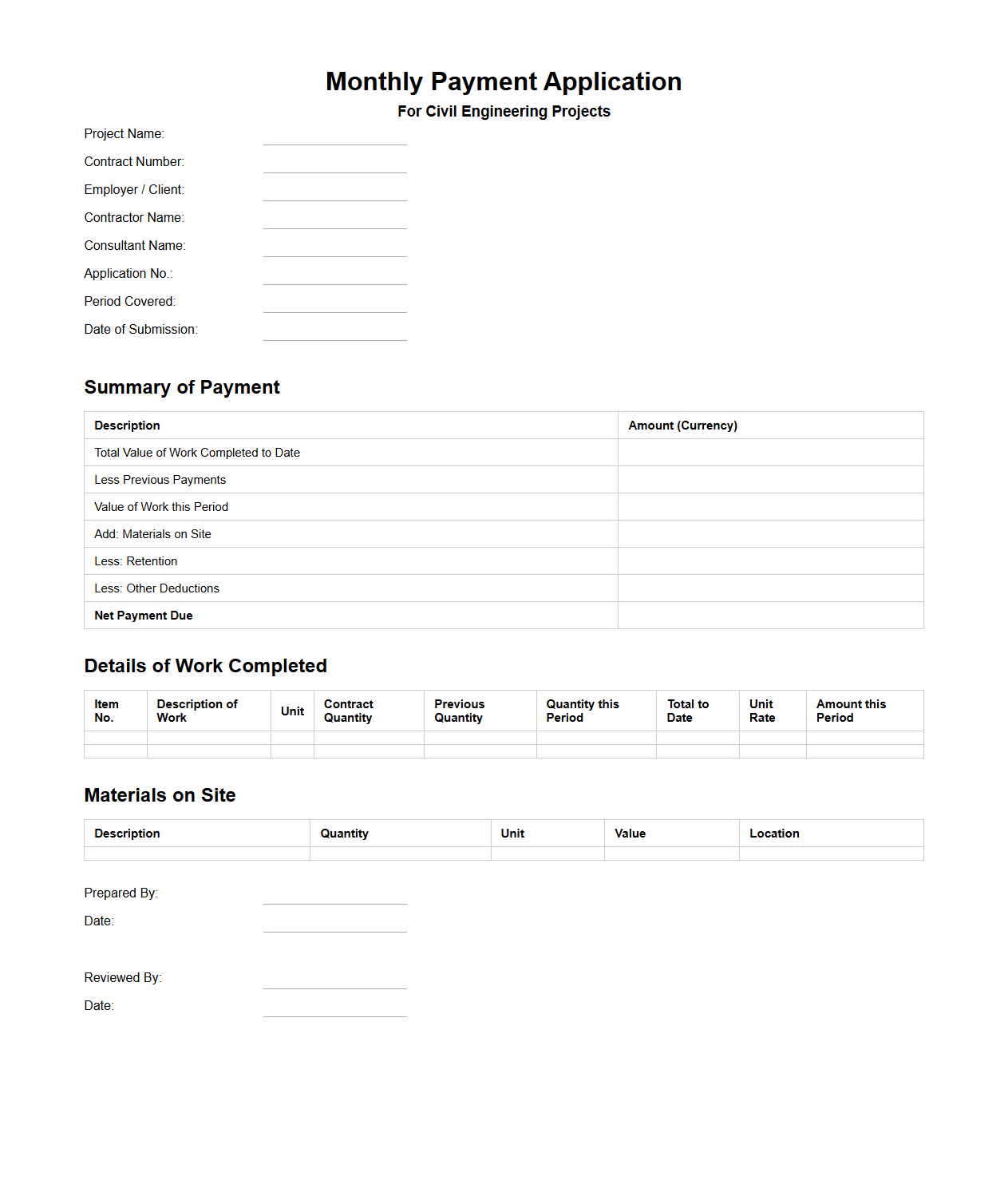 Monthly Payment Application Format for Civil Engineering Projects