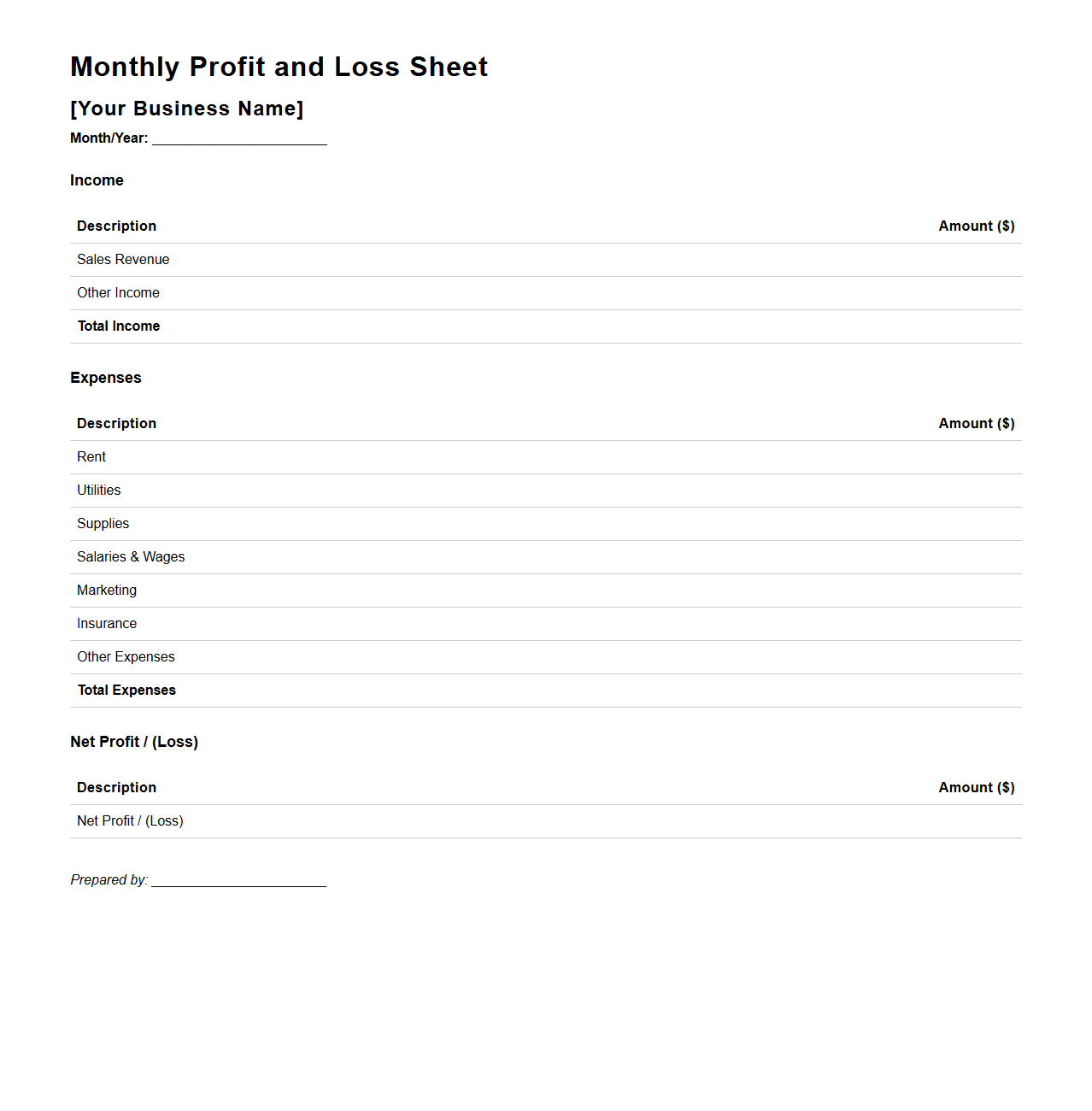 Monthly Profit and Loss Sheet for Sole Proprietor Businesses