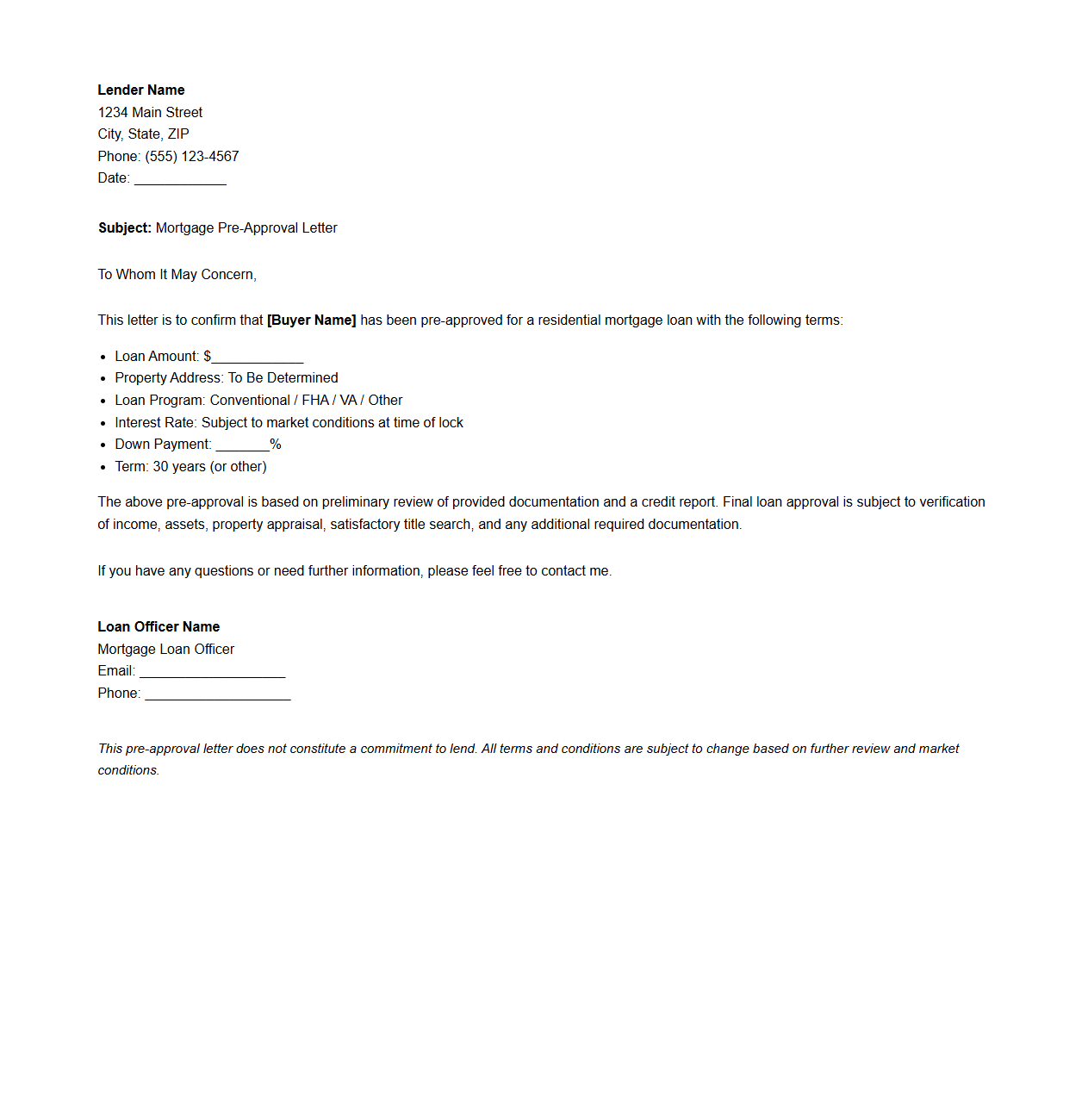 Mortgage Pre-Approval Letter Sample for Home Buyers