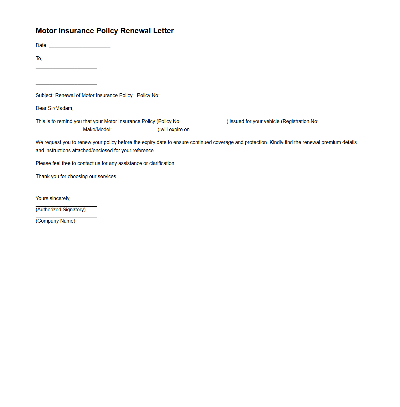 Motor Insurance Policy Renewal Letter Sample