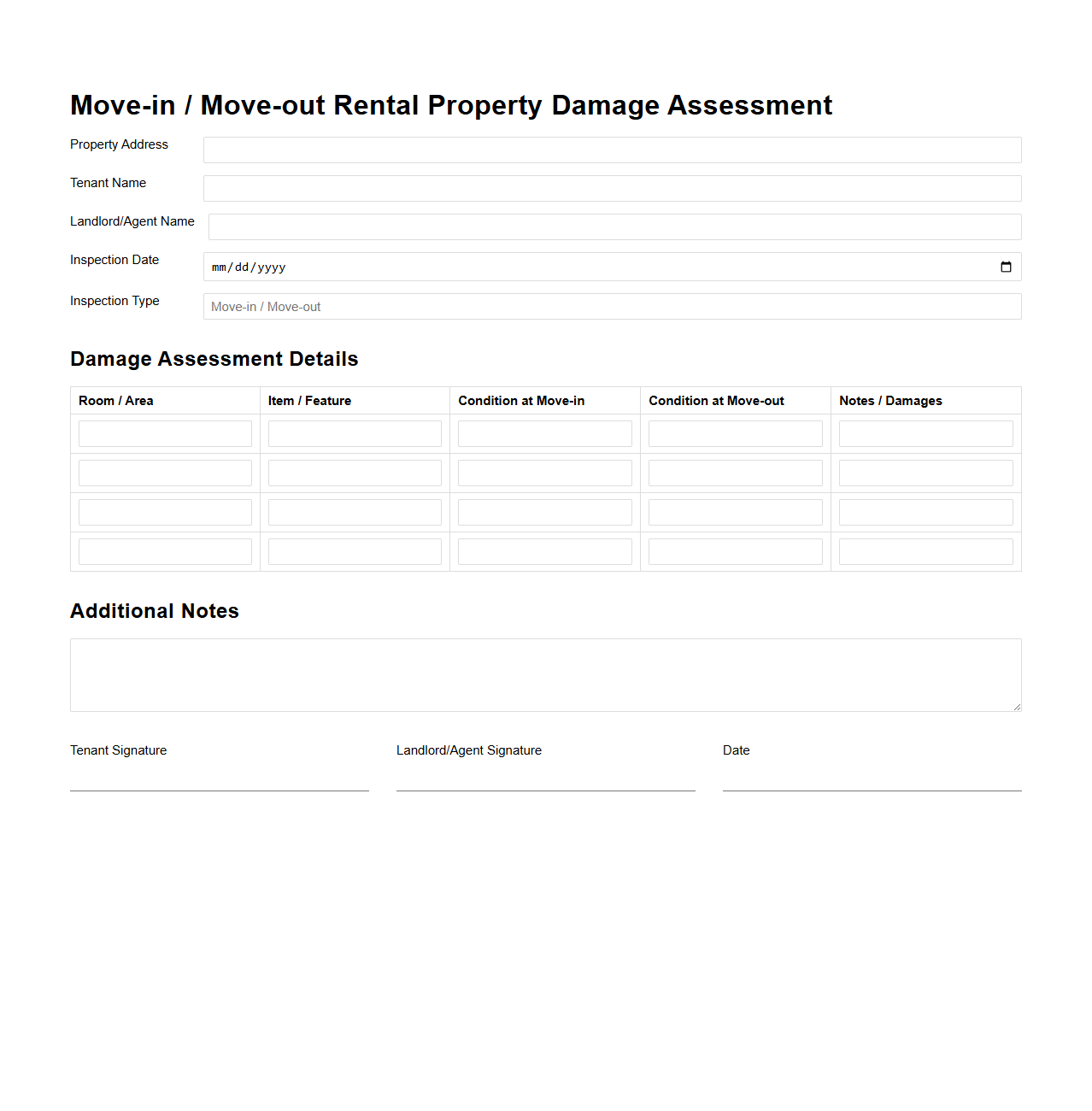 Move-in/Move-out Rental Property Damage Assessment Form