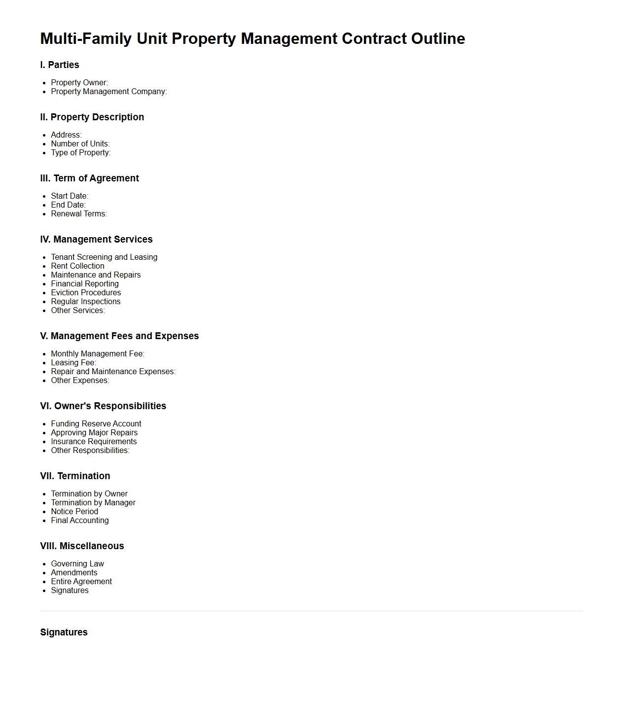 Multi-Family Unit Property Management Contract Outline