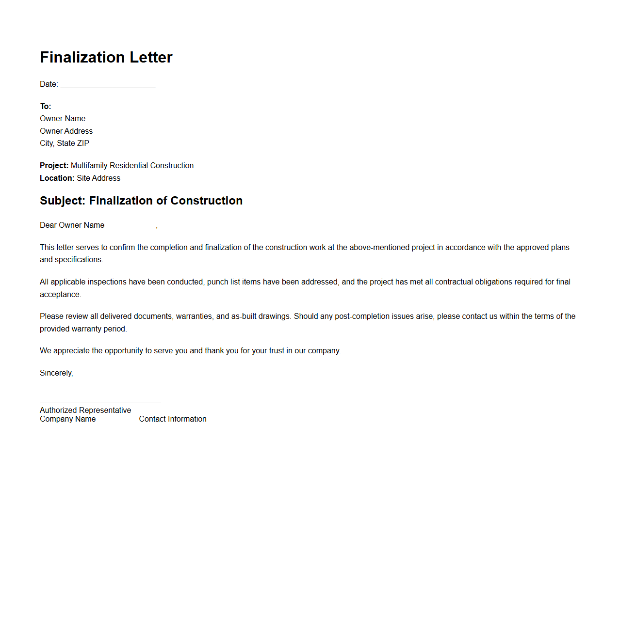 Multifamily Residential Construction Finalization Letter