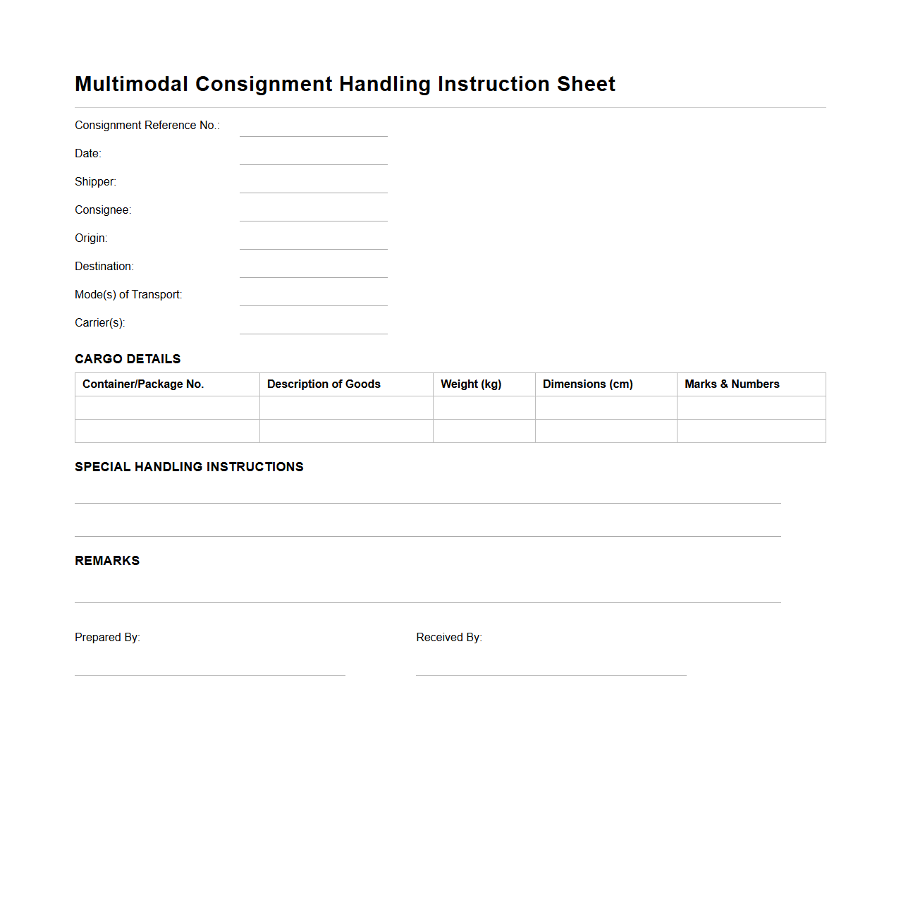 Multimodal Consignment Handling Instruction Sheet