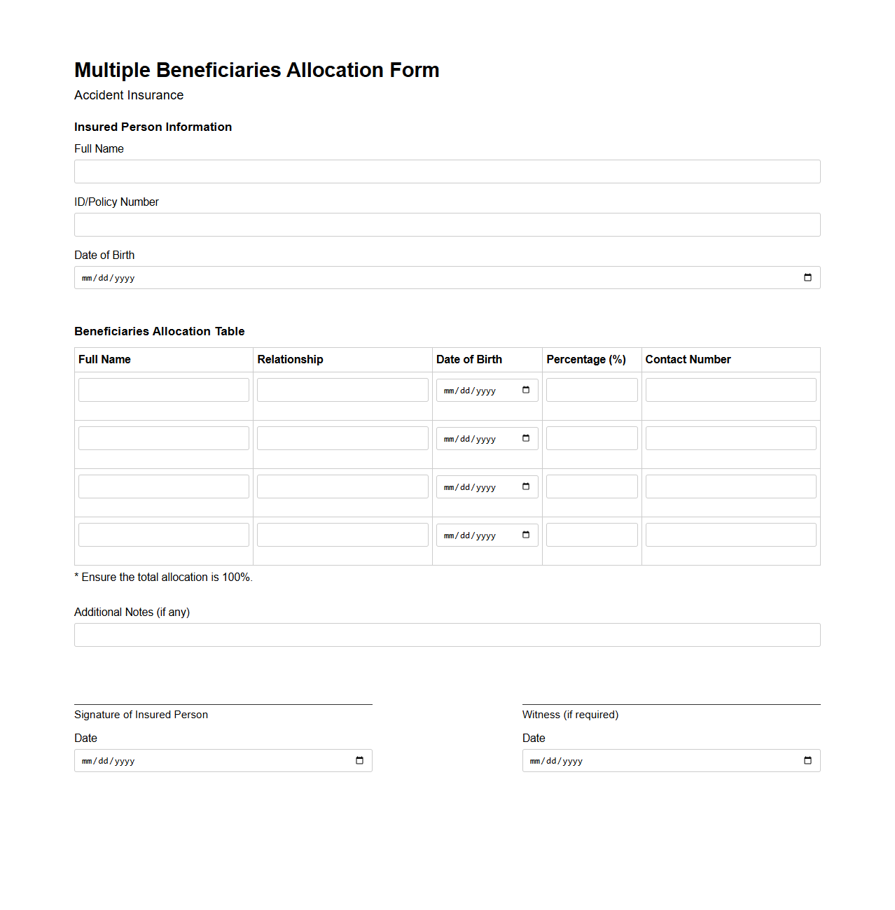 Multiple Beneficiaries Allocation Form for Accident Insurance