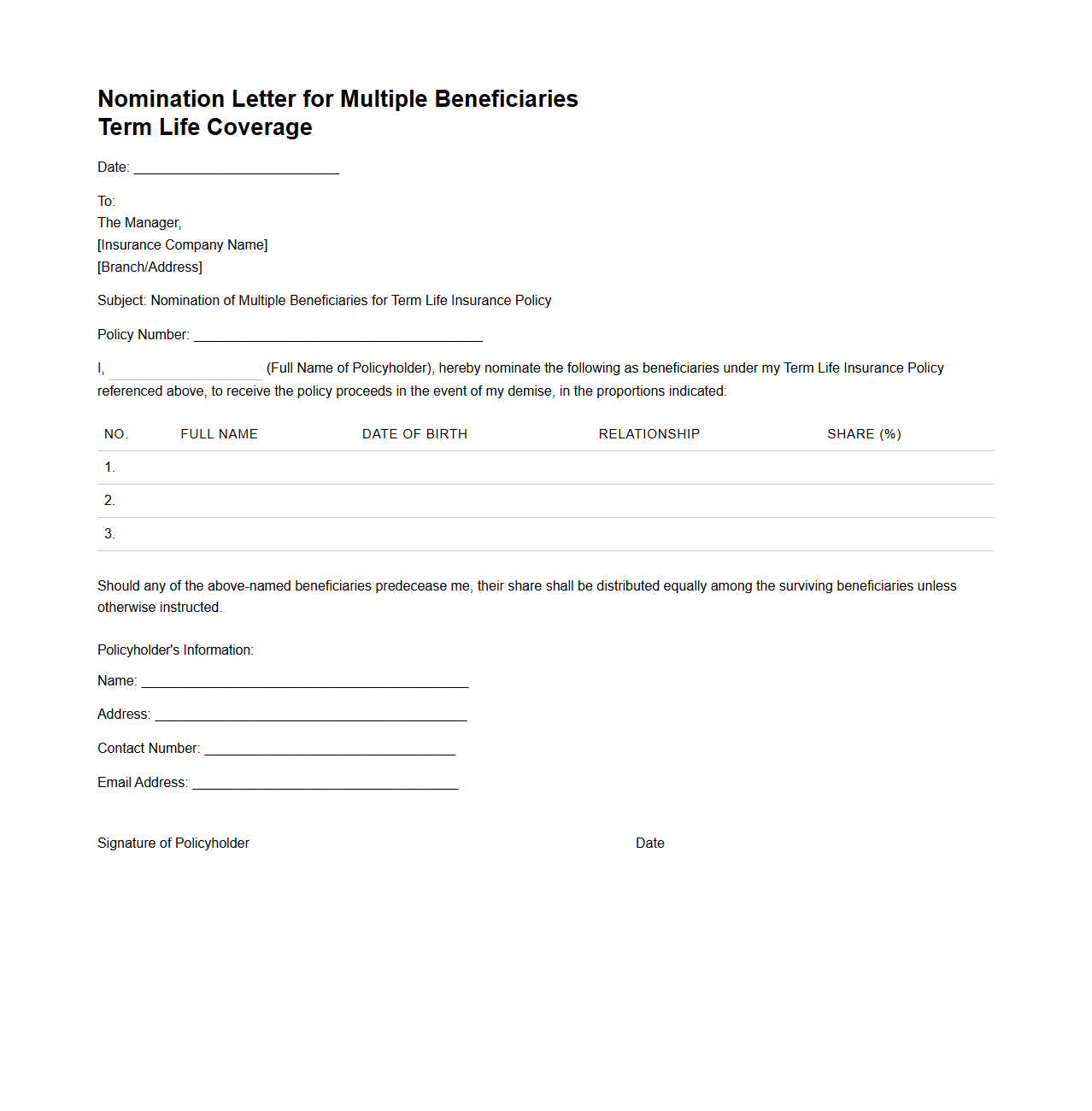 Multiple Beneficiaries Nomination Letter for Term Life Coverage