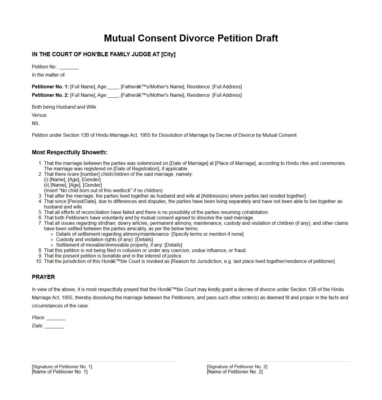 Mutual Consent Divorce Petition Draft